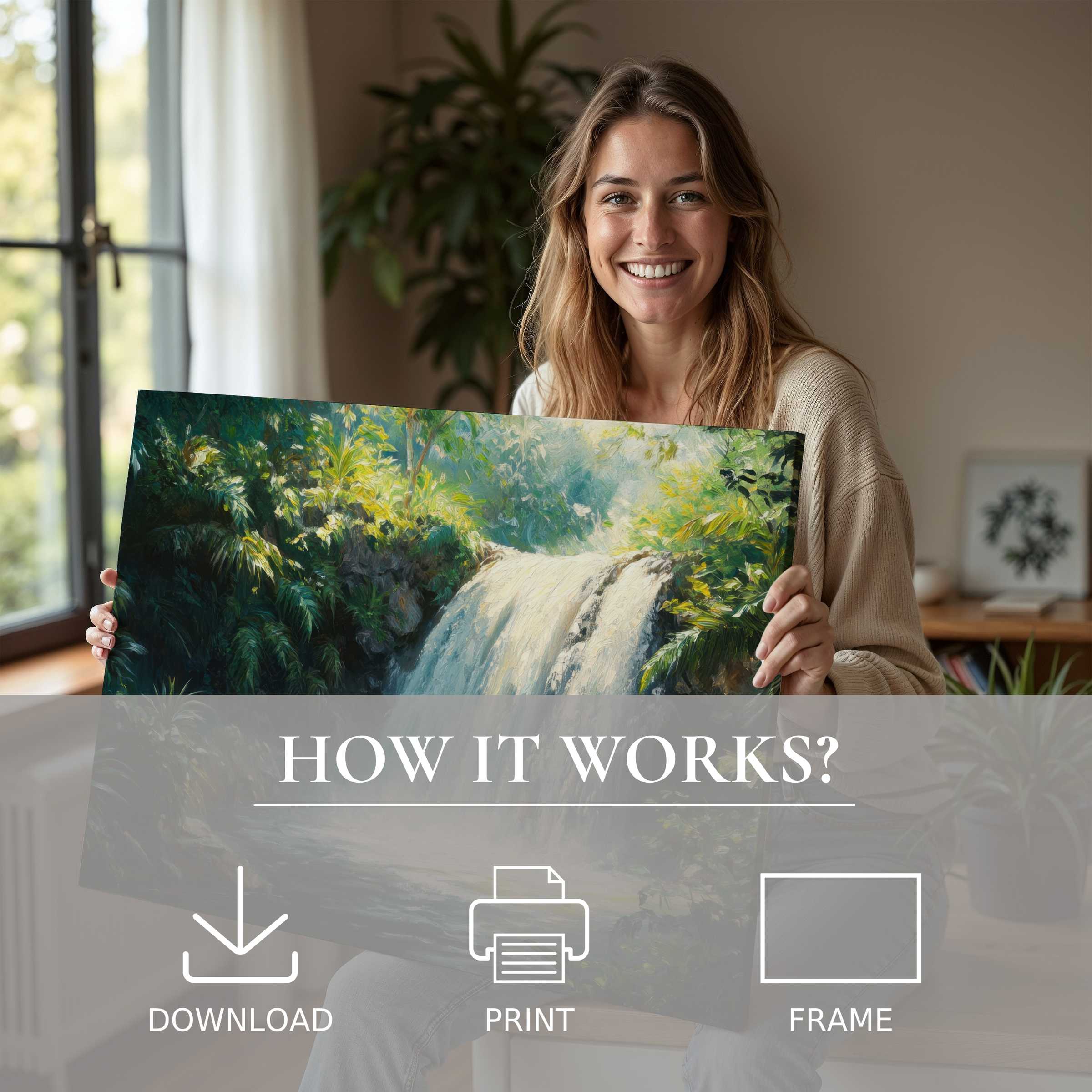 A vintage digital art print of a lush waterfall held in a sunlit modern home, embodying serene joy and effortless elegance