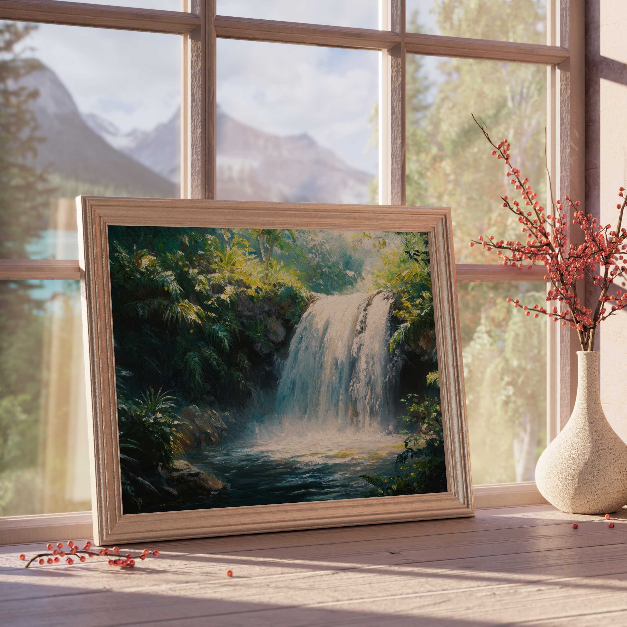 Vintage downloadable art of a serene, lush waterfall in soft natural light, elevating tranquil, curated interiors with timeless charm