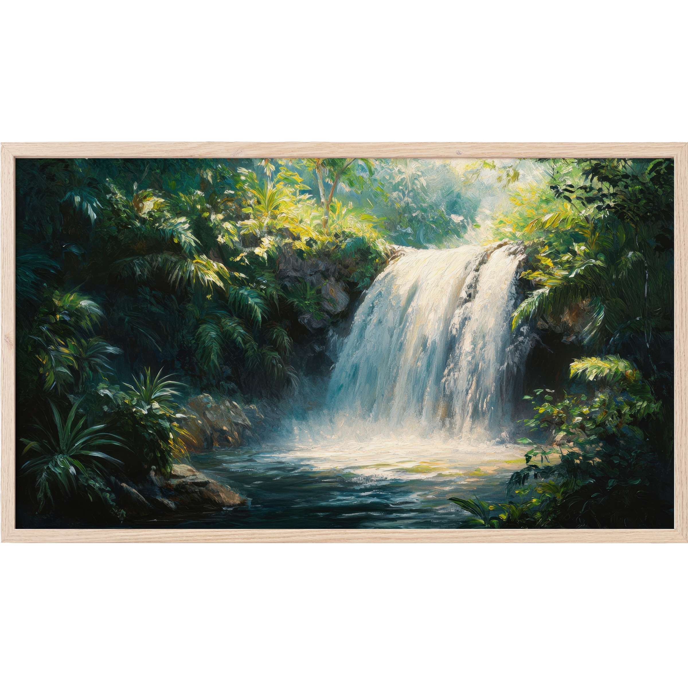 Lush waterfall scene in deep greens and soft light, framed exquisitely for elegant vintage Frame TV Art appeal