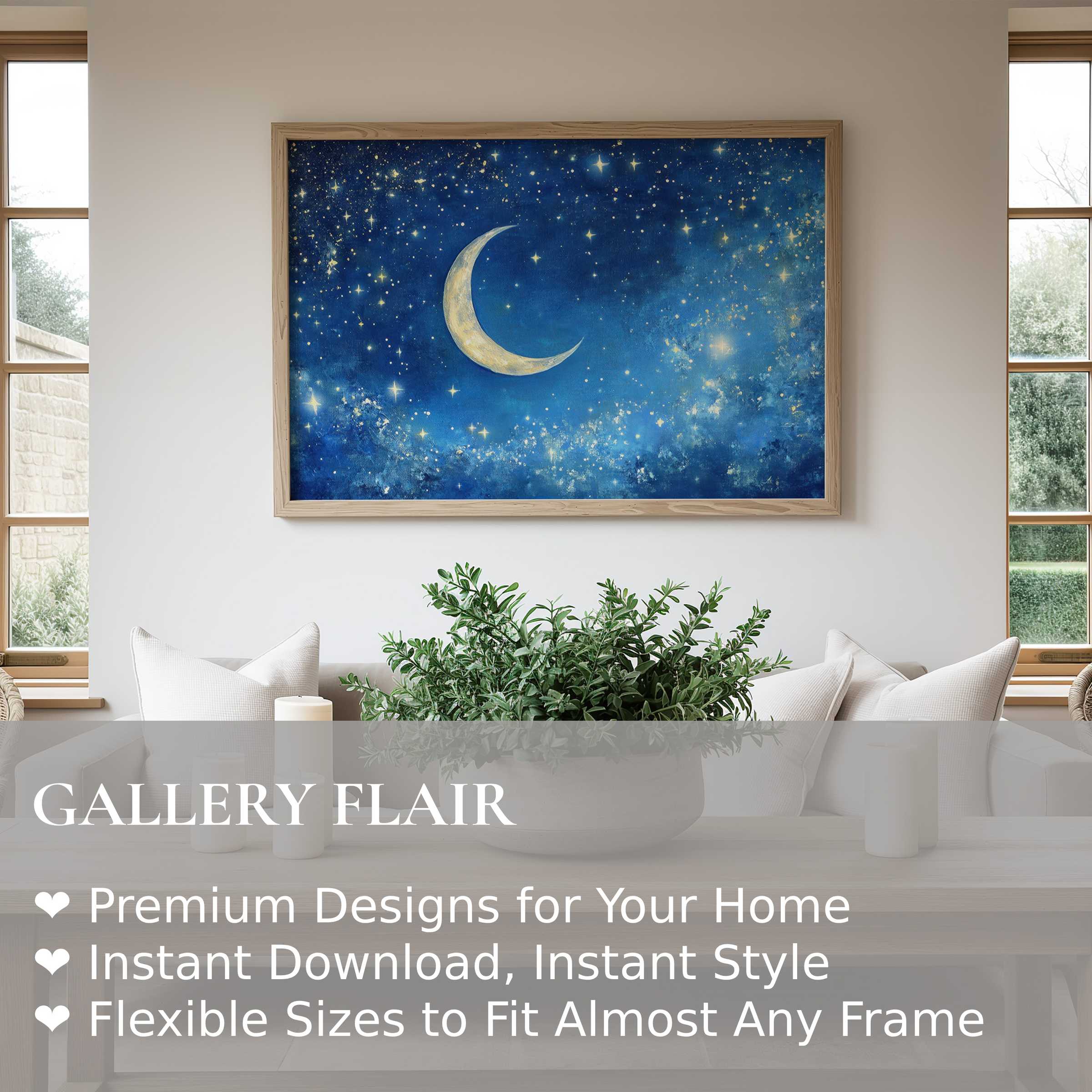 Nursery wall art print featuring a radiant crescent moon and twinkling stars in a calming, modern nursery setting