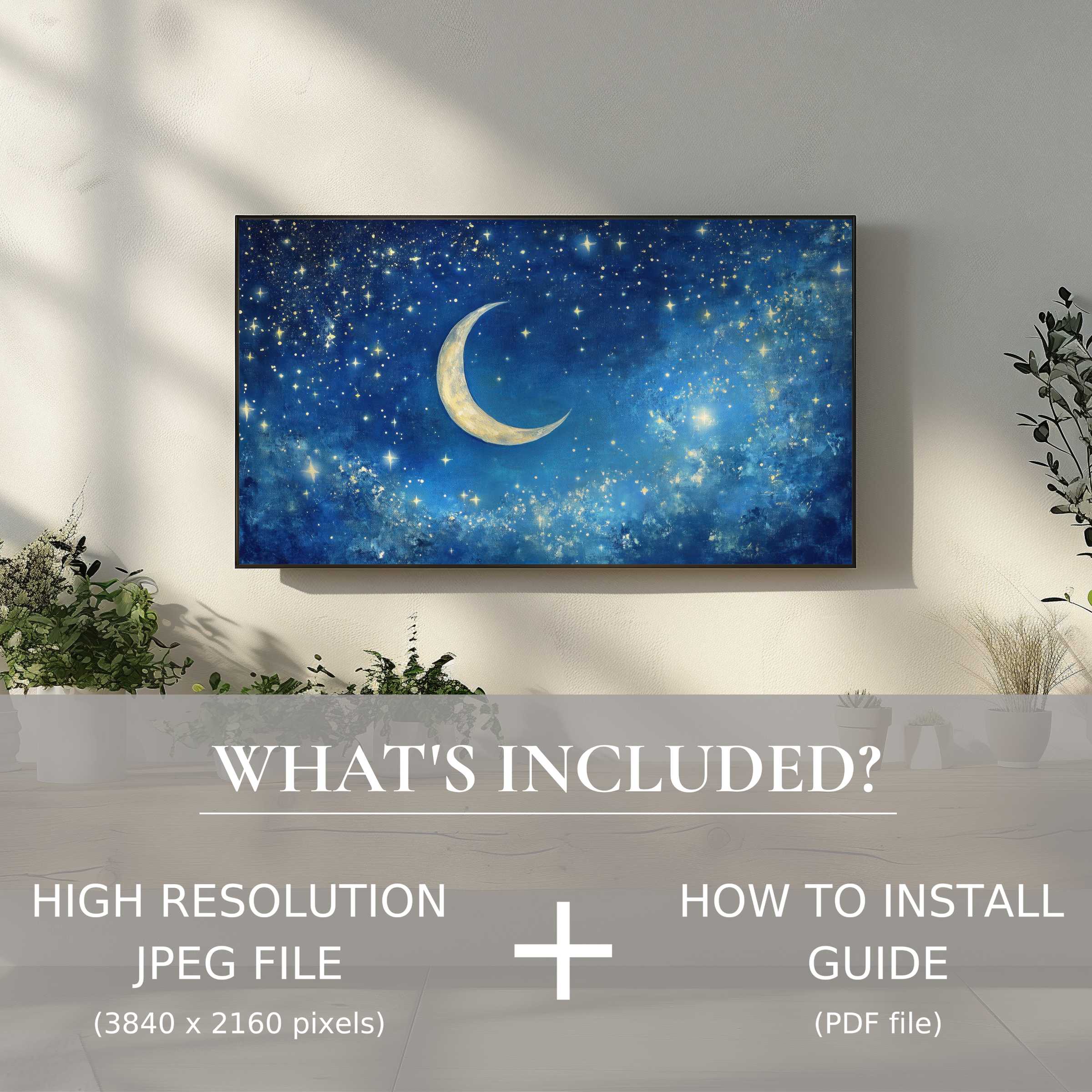 Elegant nursery digital TV art download with starry moon design, easy digital use enhancing your stylish space