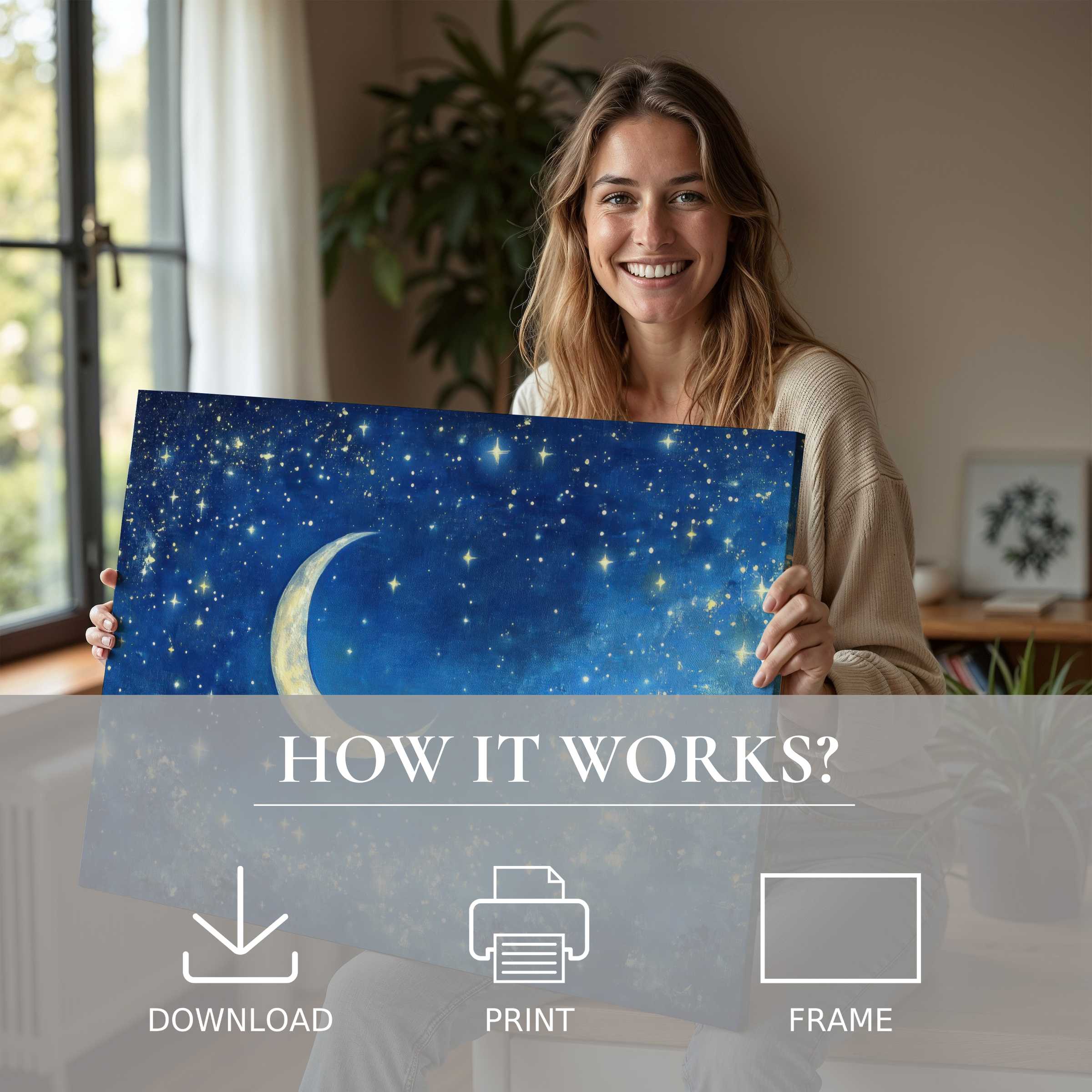 Radiant joy emanates as she reveals a nursery digital art print, where a luminous crescent moon and twinkling stars inspire serene wonder