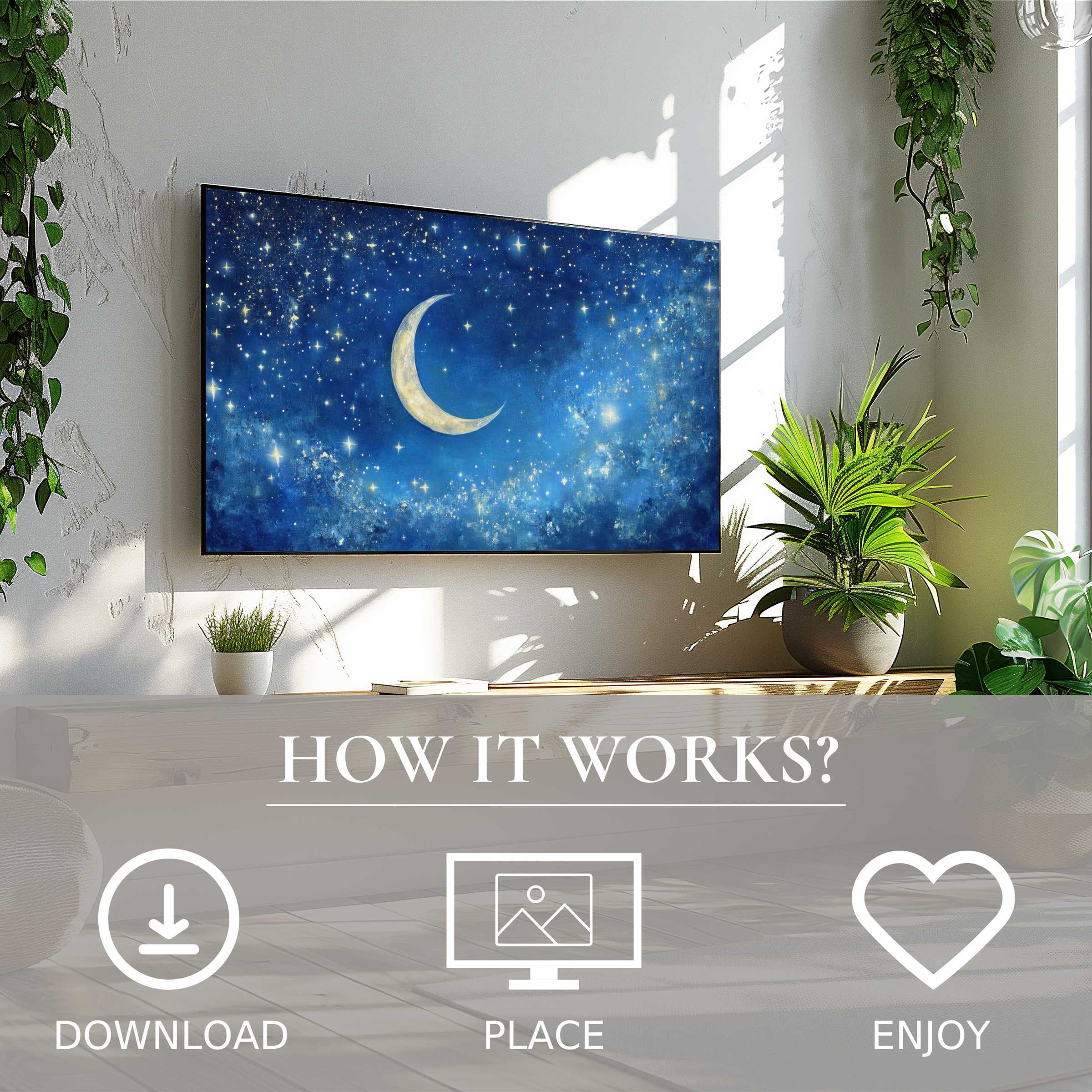 Nursery art for Samsung TV with digital download, starry night motif brightens and enriches modern living spaces