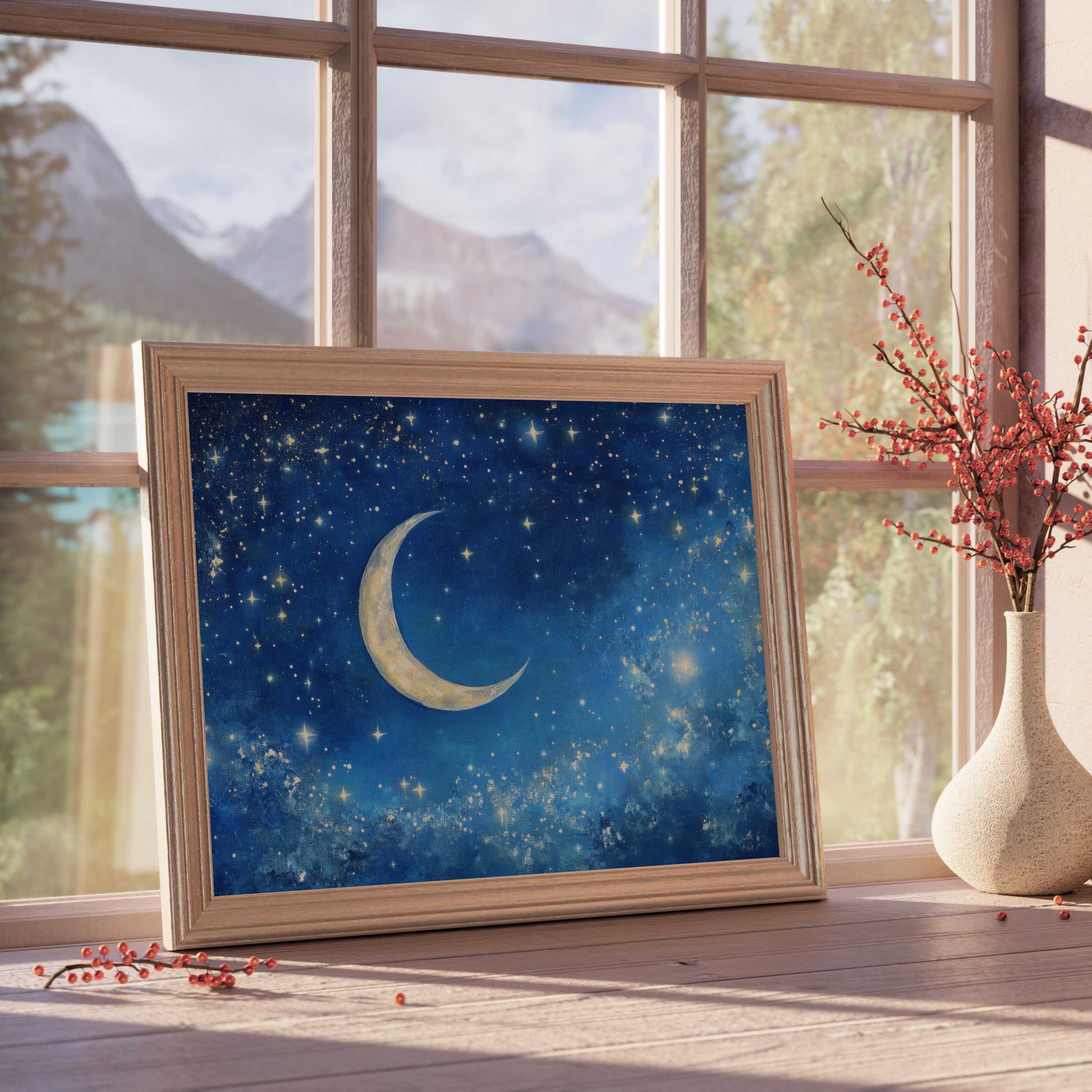 Dreamlike nursery downloadable art featuring a crescent moon and shimmering stars, adding tranquil charm to elegant, design-forward interiors