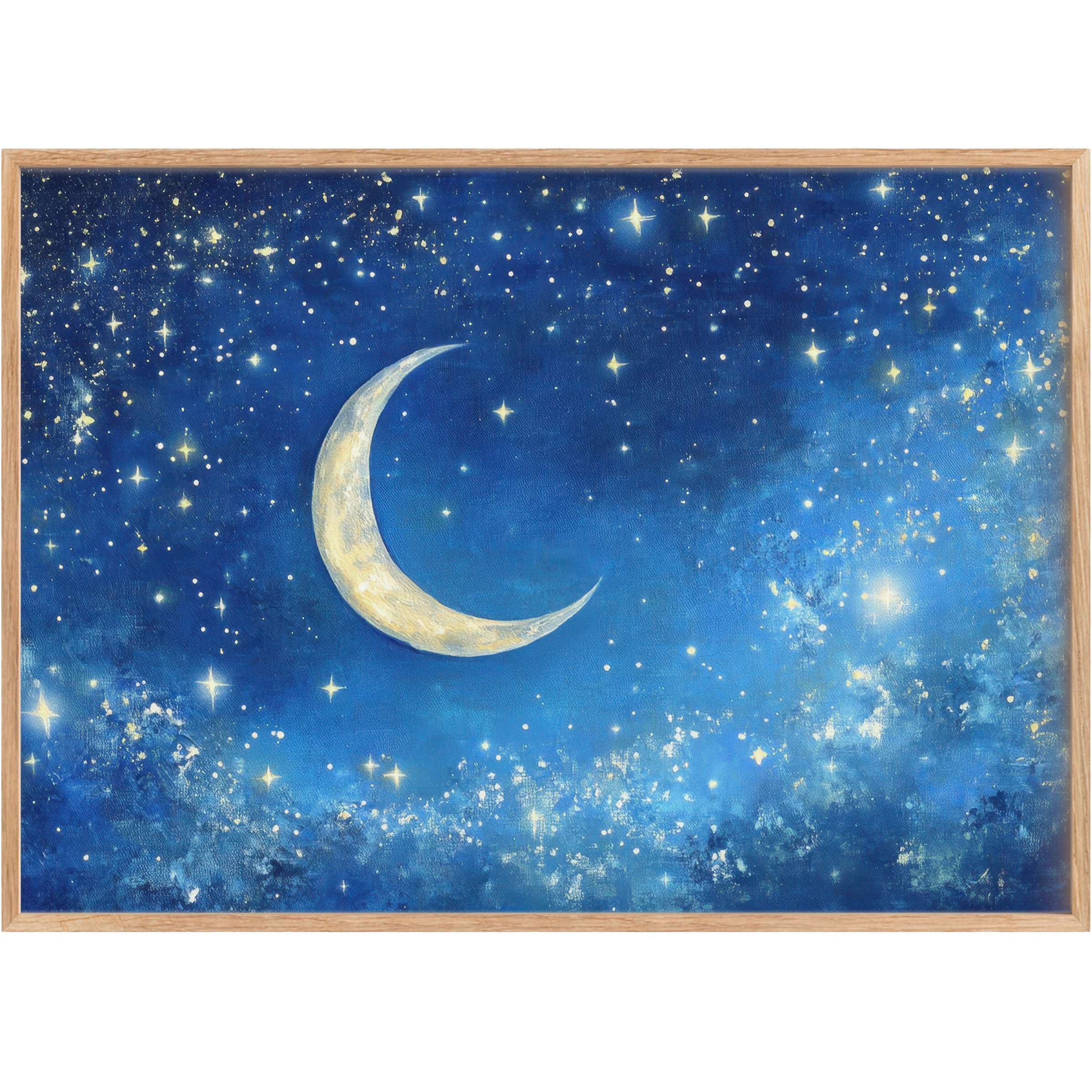 Elegant nursery printable wall art features a luminous crescent moon and sparkling stars, evoking a serene, dreamy night sky with deep sapphire and soft gold tones