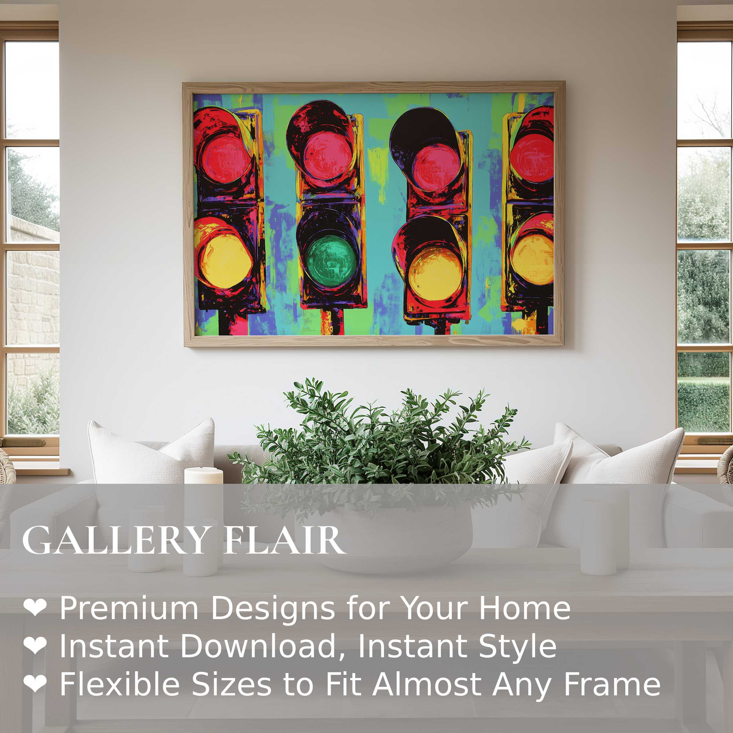 Vibrant pop art wall art print featuring bold traffic lights in vivid hues, enhancing contemporary, minimalist living spaces with dynamic urban energy