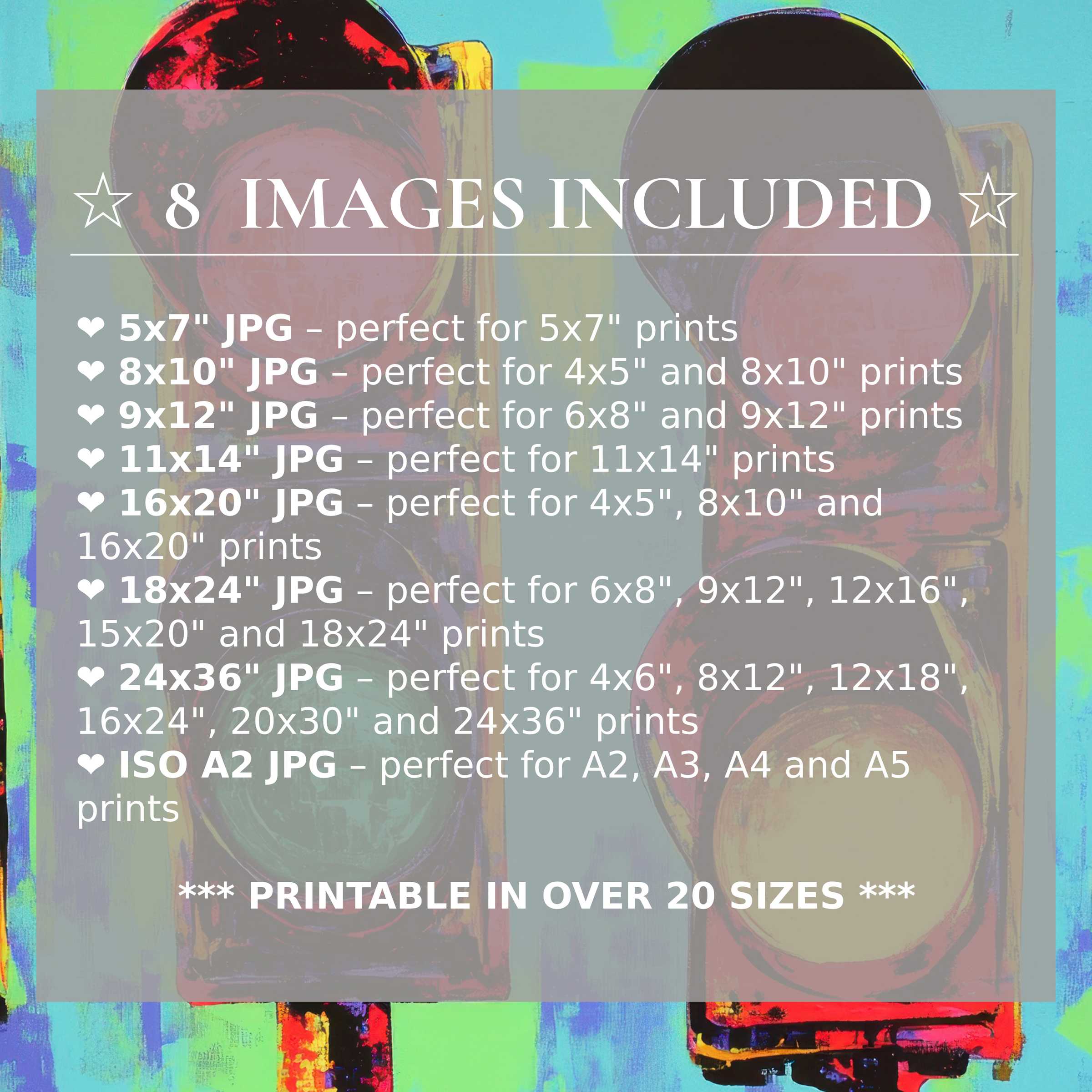 Vibrant pop art digital print in bold reds, blues, and greens, included in 8 high-quality sizes to elevate modern interiors with style and adaptability