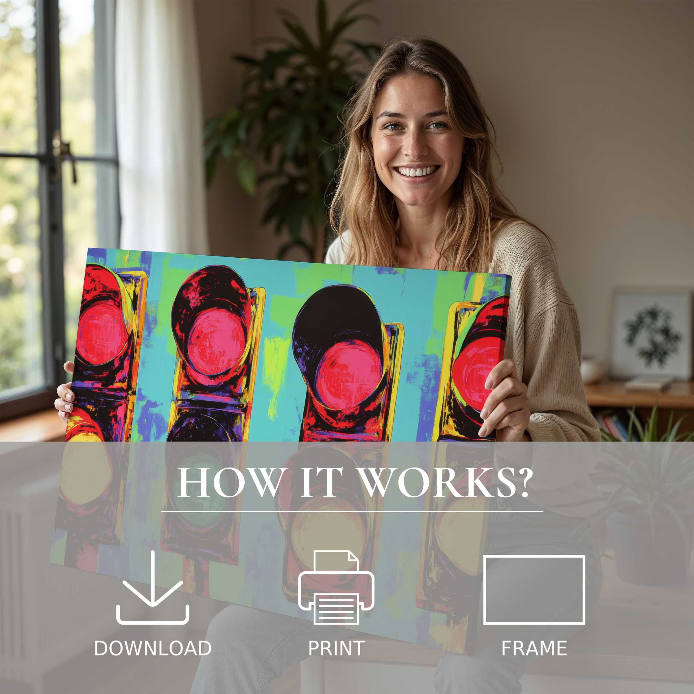 A joyful moment in a modern home where vibrant pop art digital art print infuses warmth and effortless style