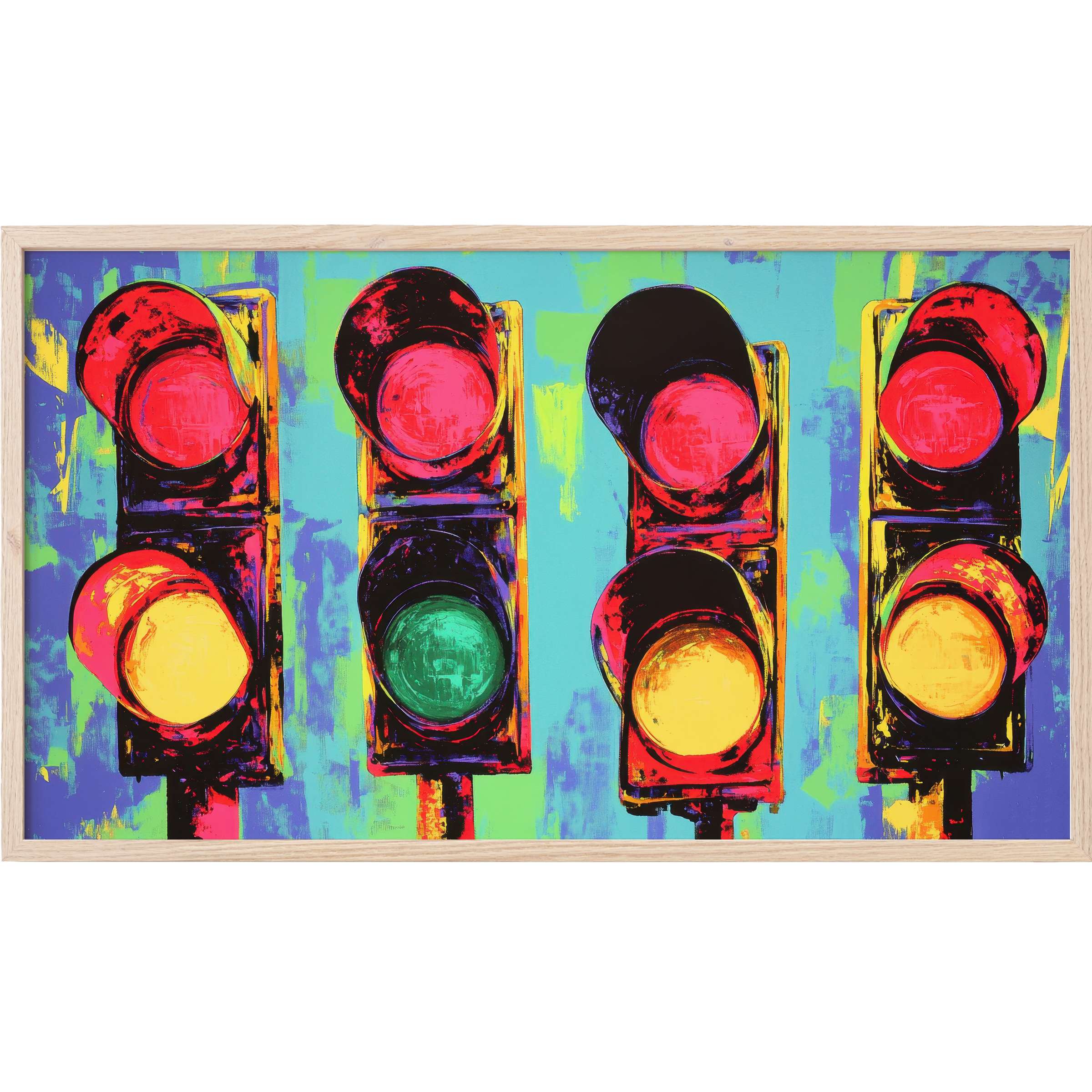 Vivid pop art Frame TV Art featuring bold red, yellow, and green traffic lights on a bright turquoise backdrop