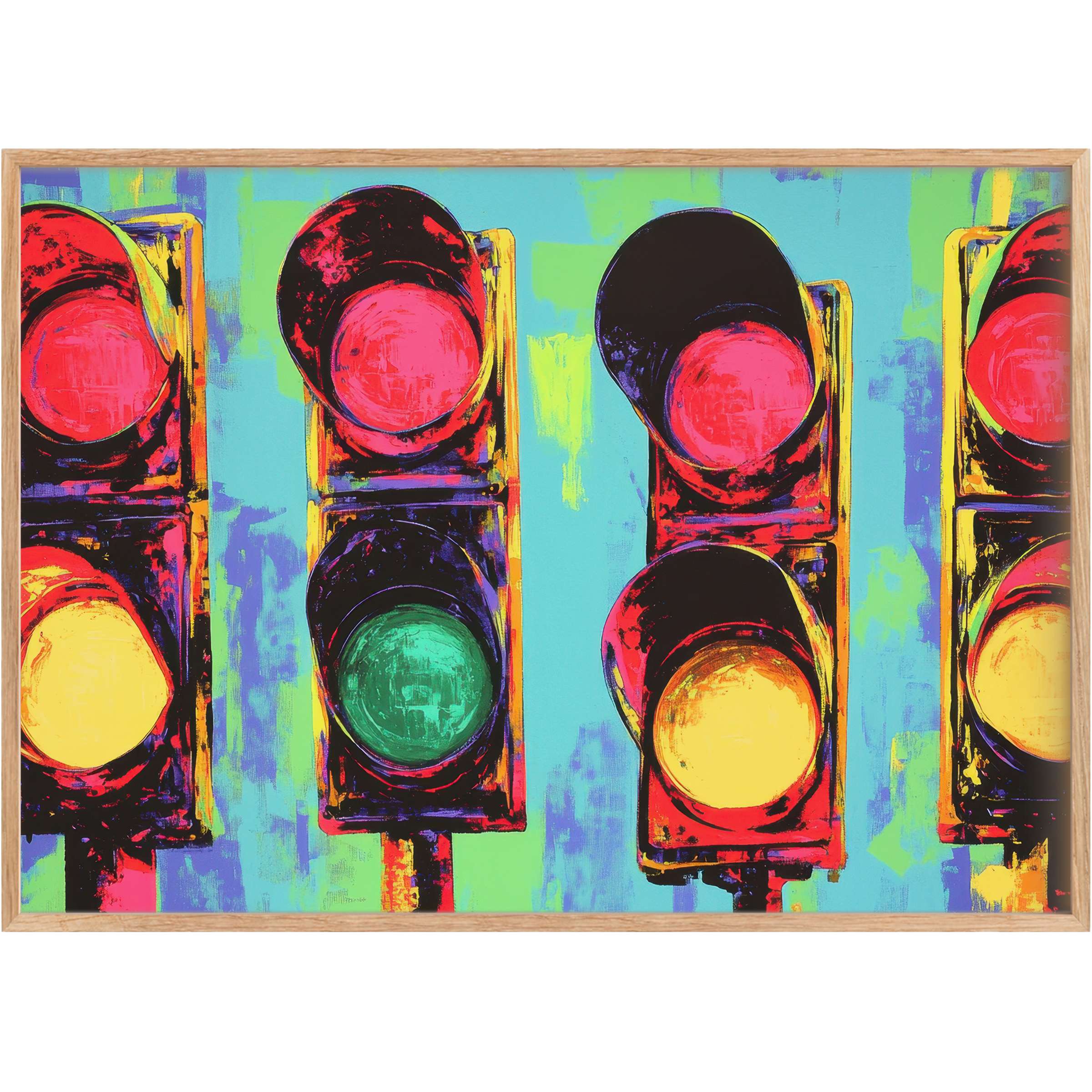 Vibrant pop art printable wall art with bold reds, yellows, and greens energizes interiors with a dynamic, urban-inspired glow