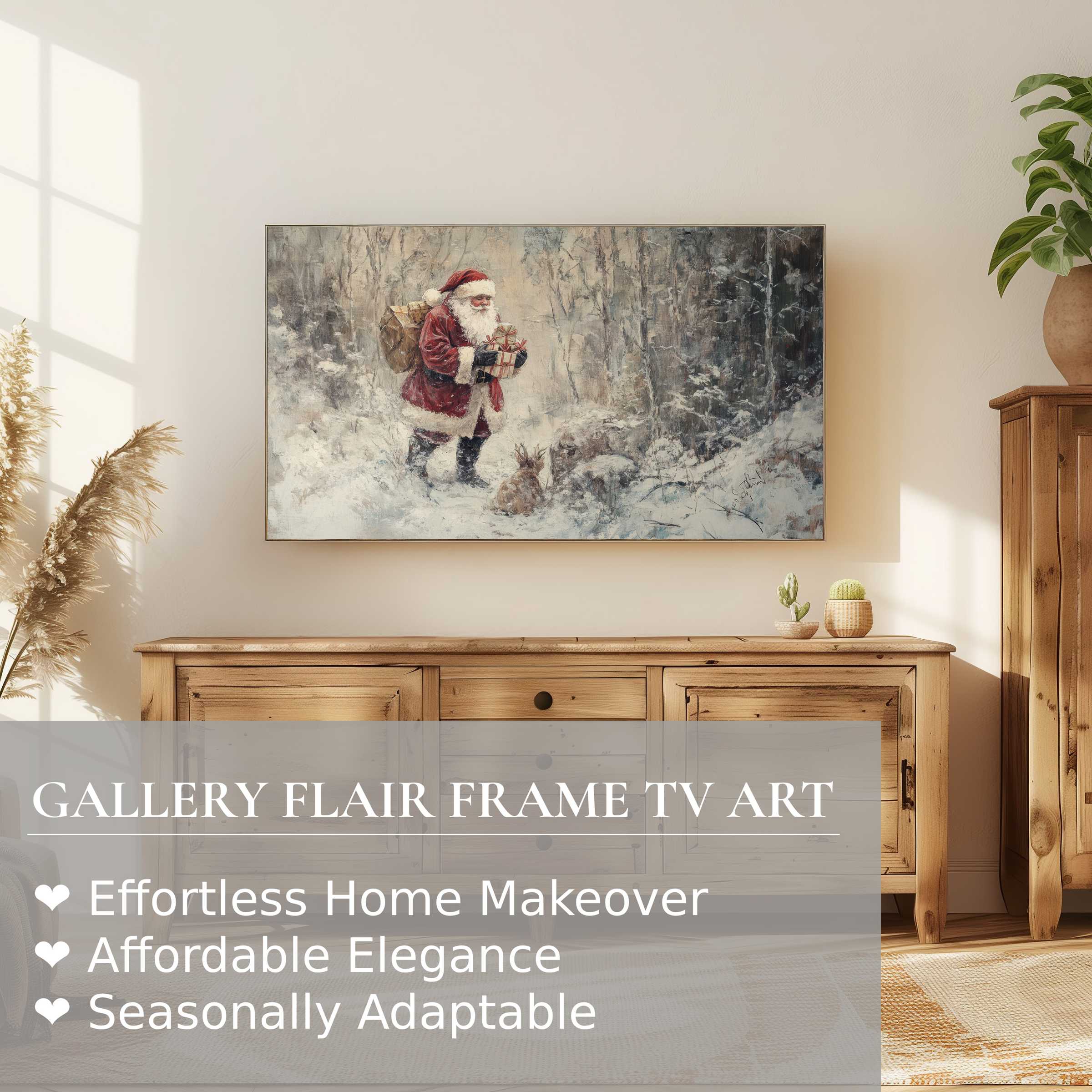 Samsung Frame TV displays elegant Christmas digital artwork of Santa in a snowy woodland, perfect for refined decor