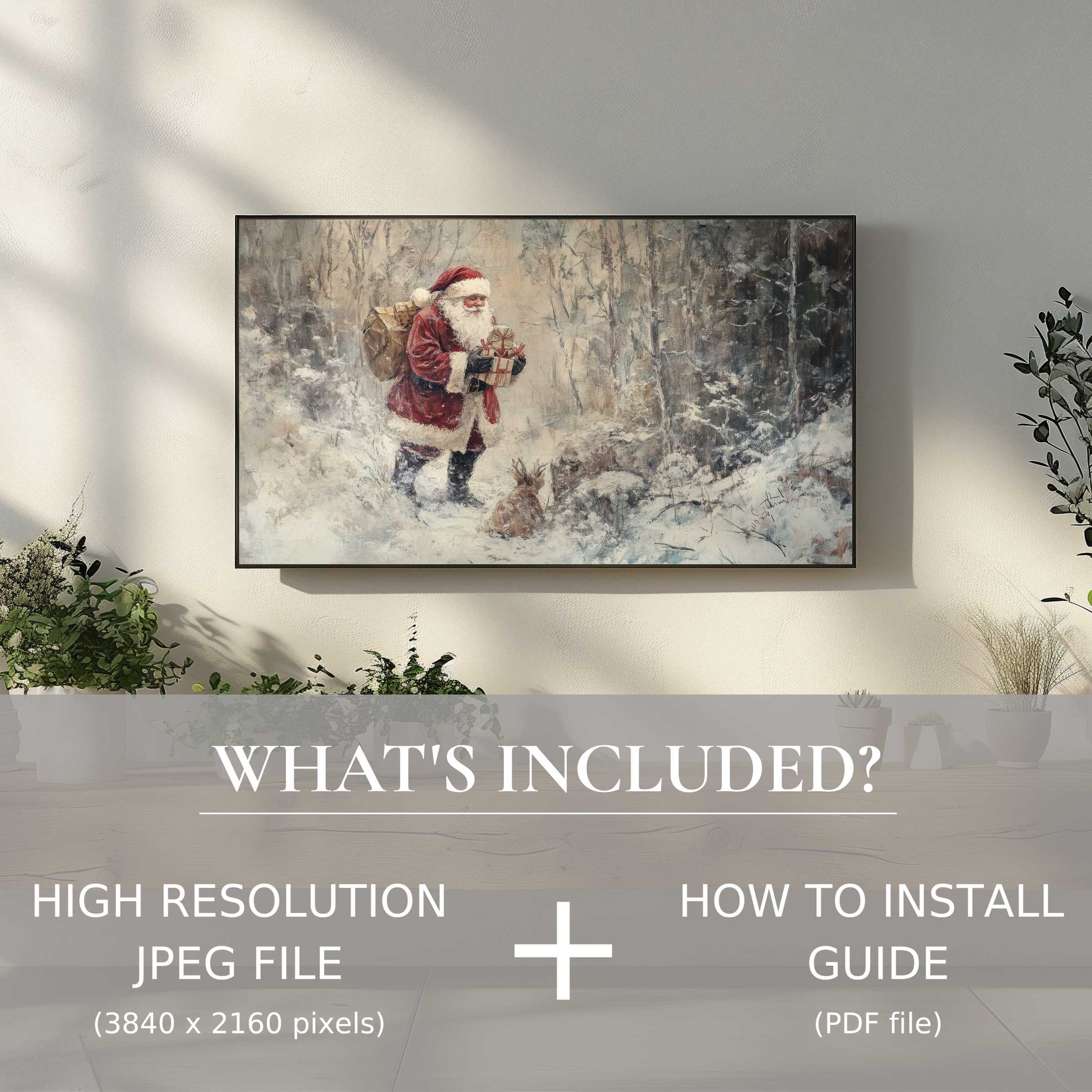 Elegant Christmas digital TV art download featuring Santa in snow; easy digital use enhances your modern living space