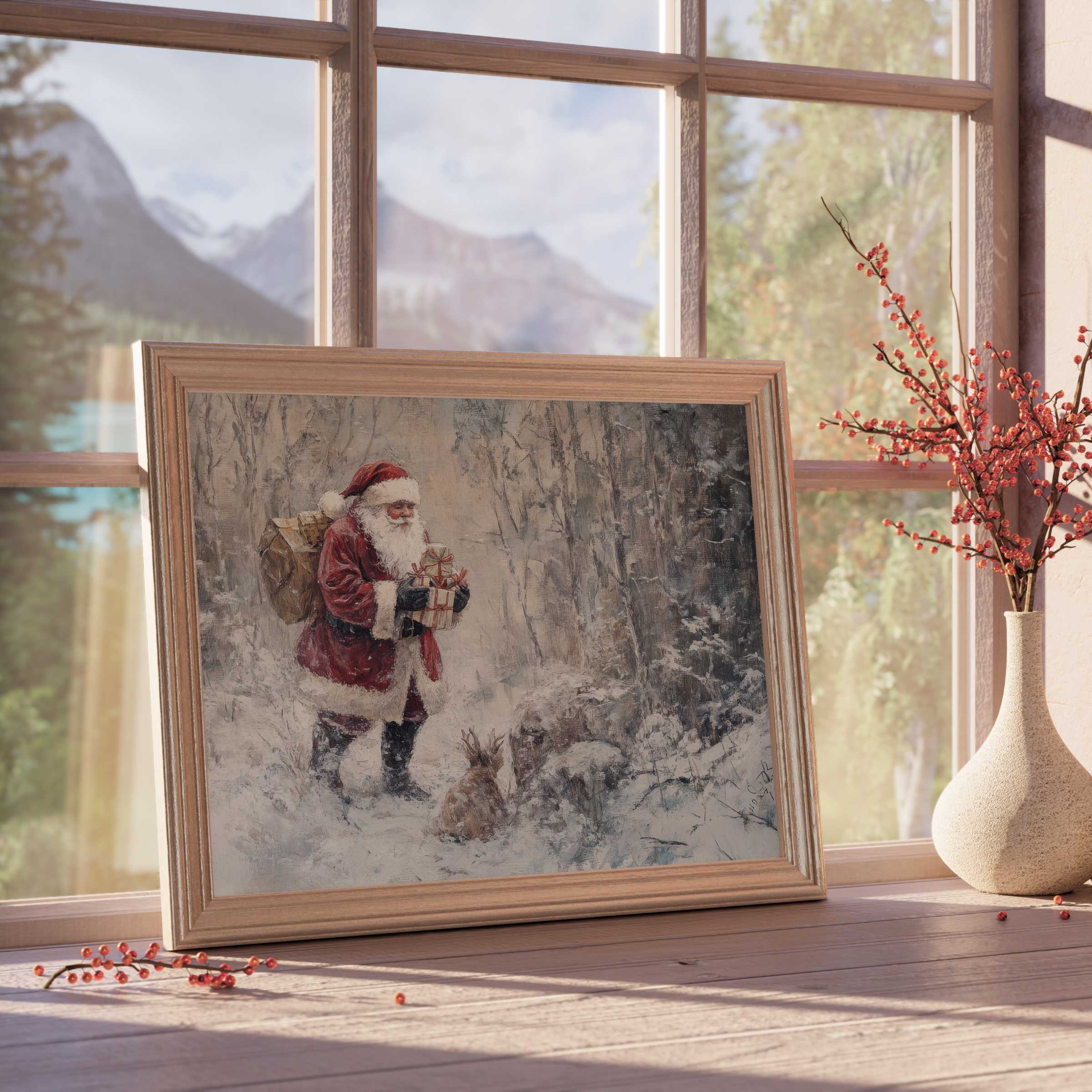 Christmas downloadable art featuring a serene Santa gifting in a snowy forest, elevating tranquil, curated interiors with timeless charm and warm festive spirit