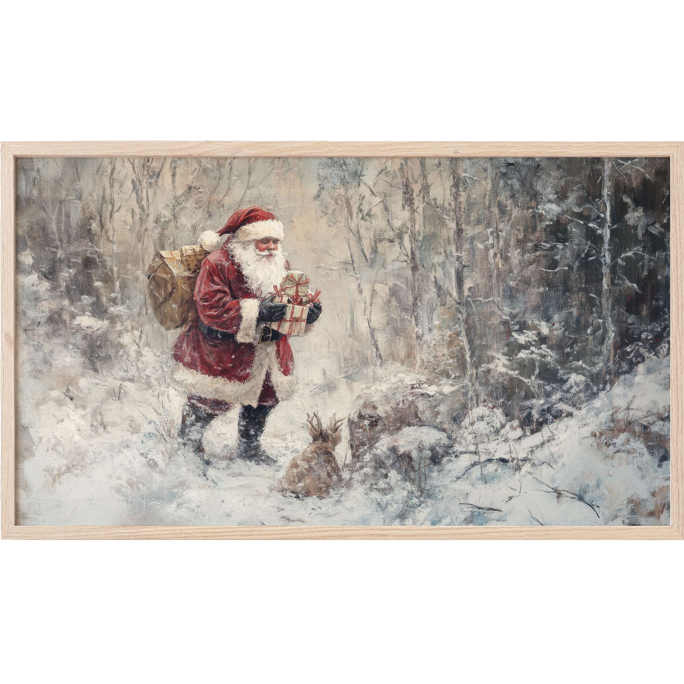 Elegant christmas Frame TV Art depicting Santa with gifts amidst soft snowy woodland in muted, natural tones