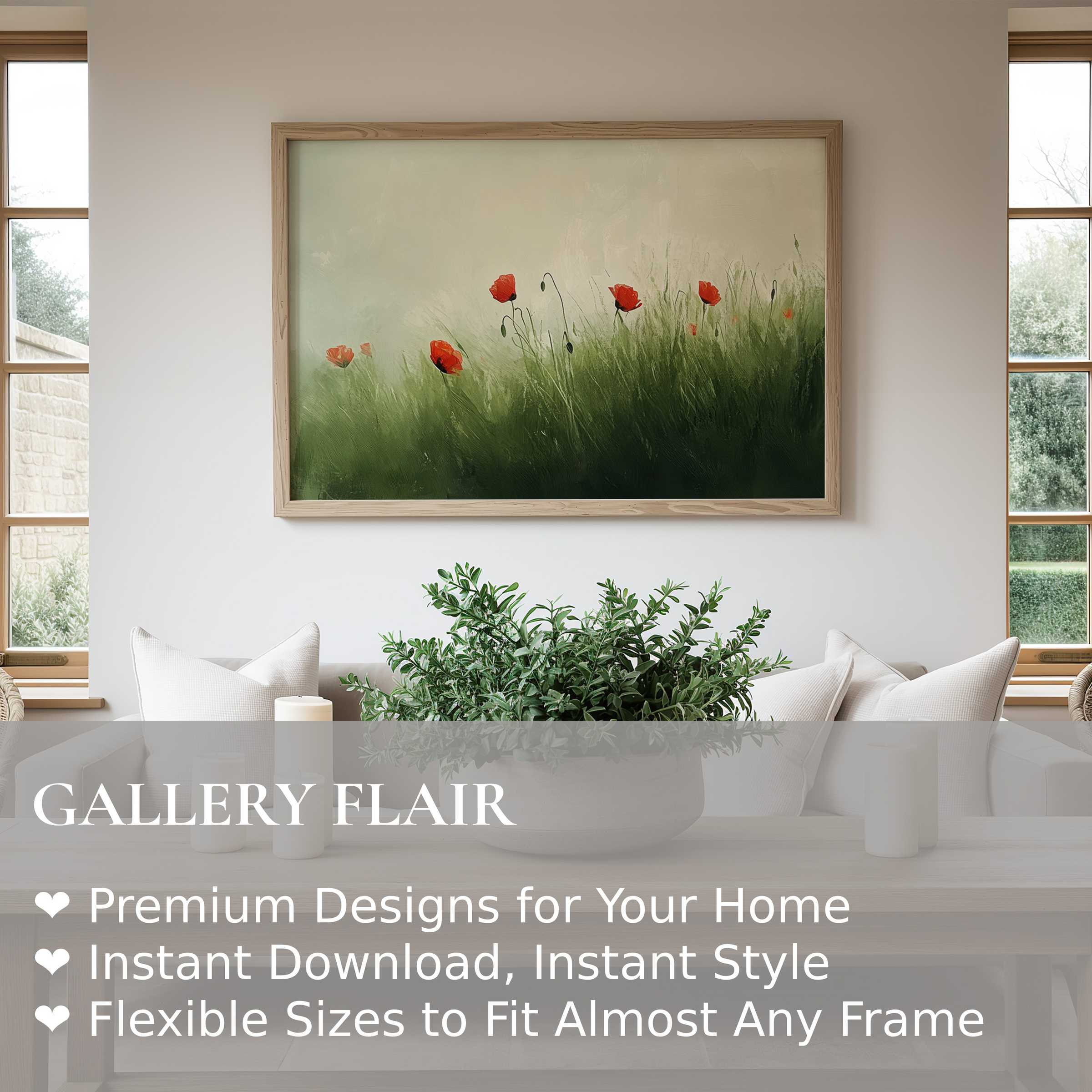 Spring wall art print featuring delicate red poppies emerging from lush green grasses, evoking a soft, calming ambiance in a modern minimalist living room The artwork’s serene palette harmonizes with natural light and neutral tones, elevating the space with refined, nature-inspired elegance Perfect for style-conscious home decor lovers seeking subtle seasonal freshness and timeless botanical charm