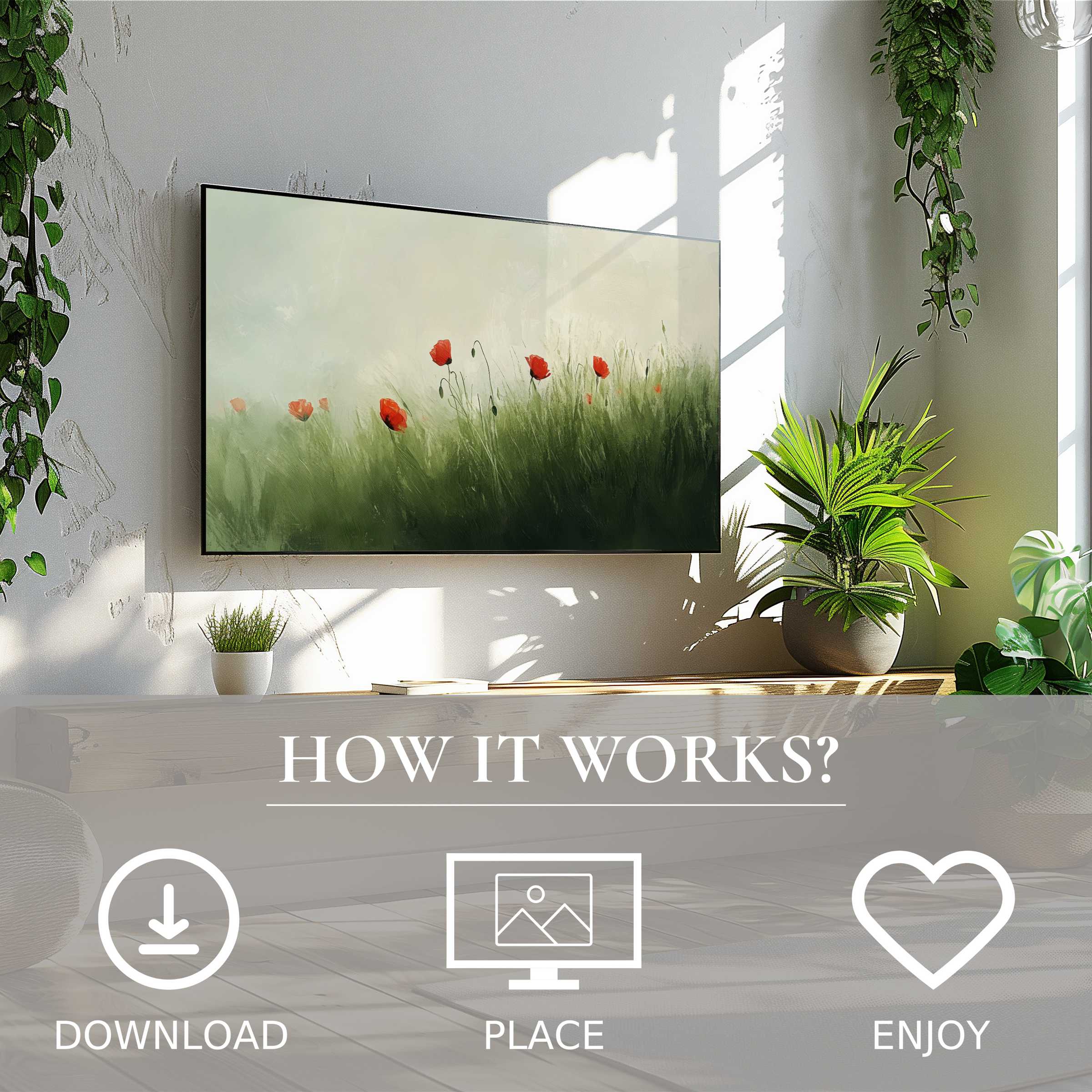 Spring art for Samsung TV: Soft green meadow with red poppies, easy digital download enriches modern living spaces