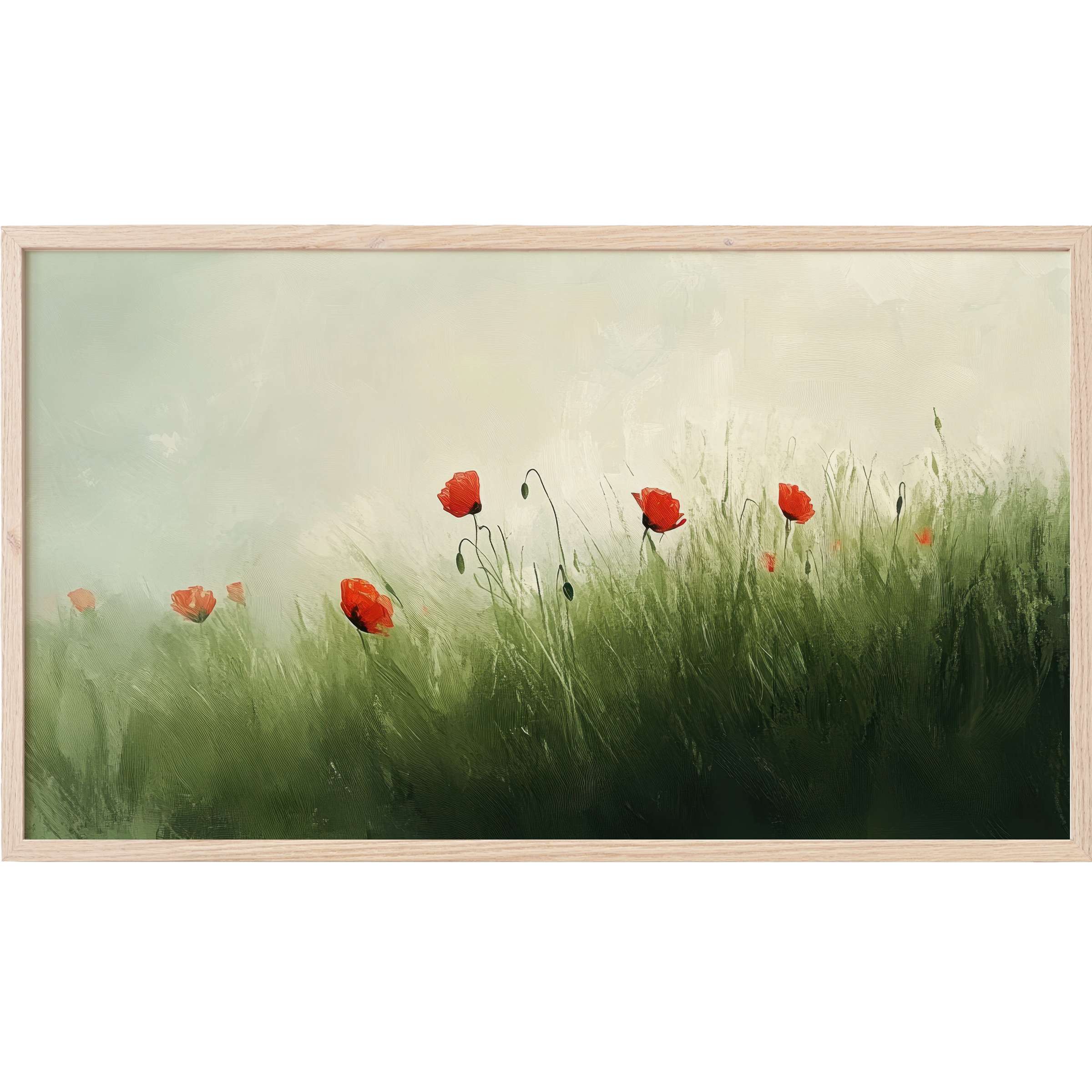 Spring Frame TV Art with delicate red poppies amid soft green grass, rendered in serene, textured brushstrokes