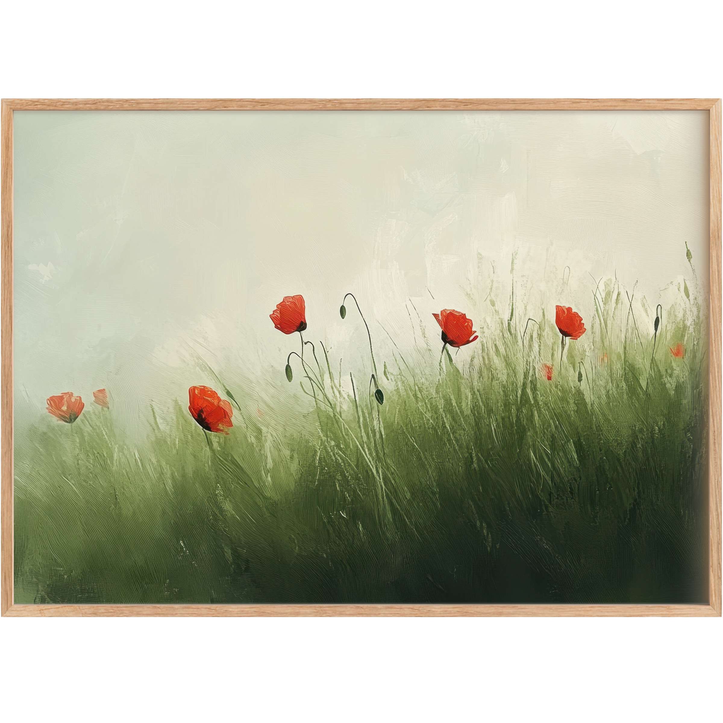 Spring printable wall art capturing delicate red poppies swaying in lush green grass, evoking a serene, uplifting ambiance