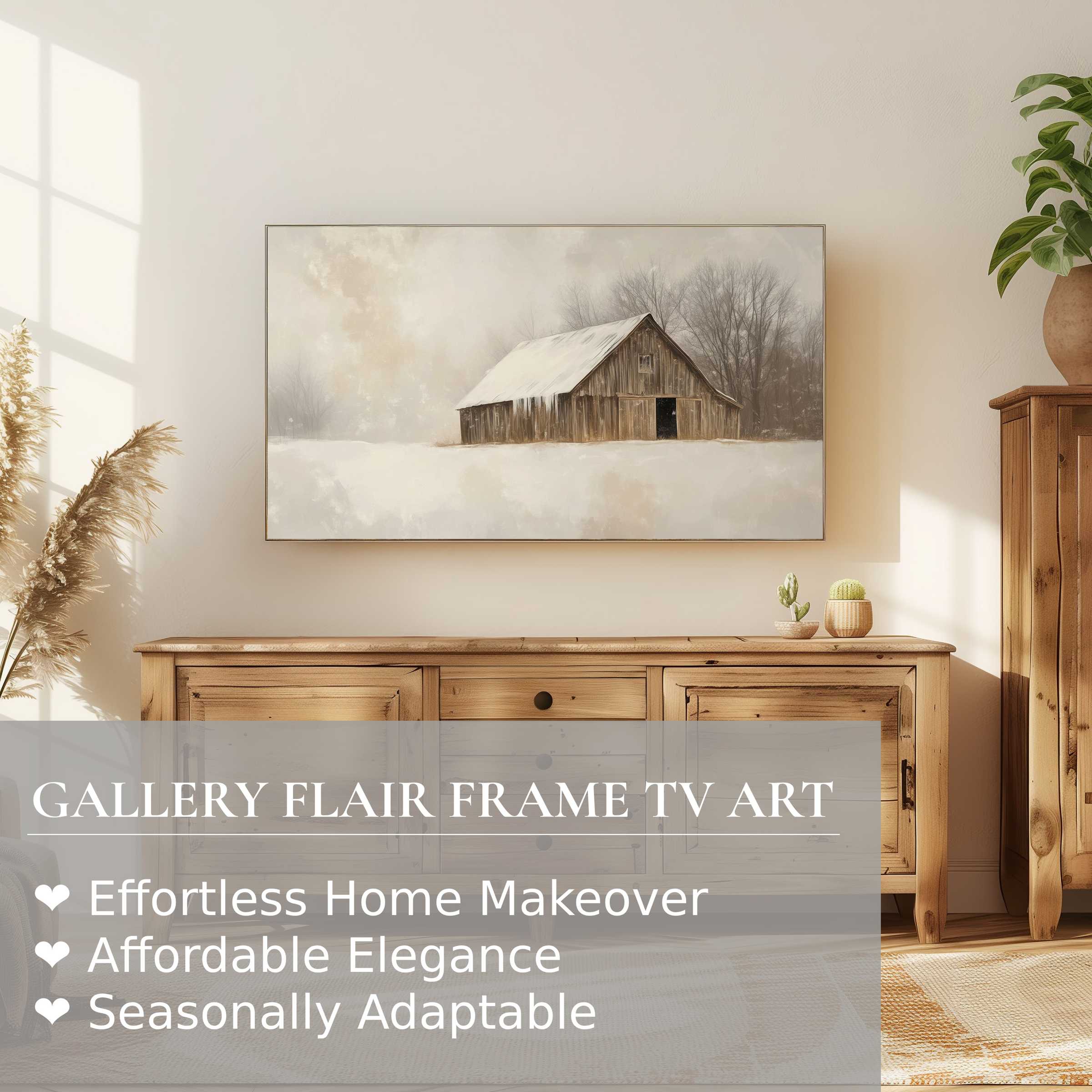 Samsung Frame TV displays serene winter digital artwork in a modern, rustic living room setting with warm natural tones