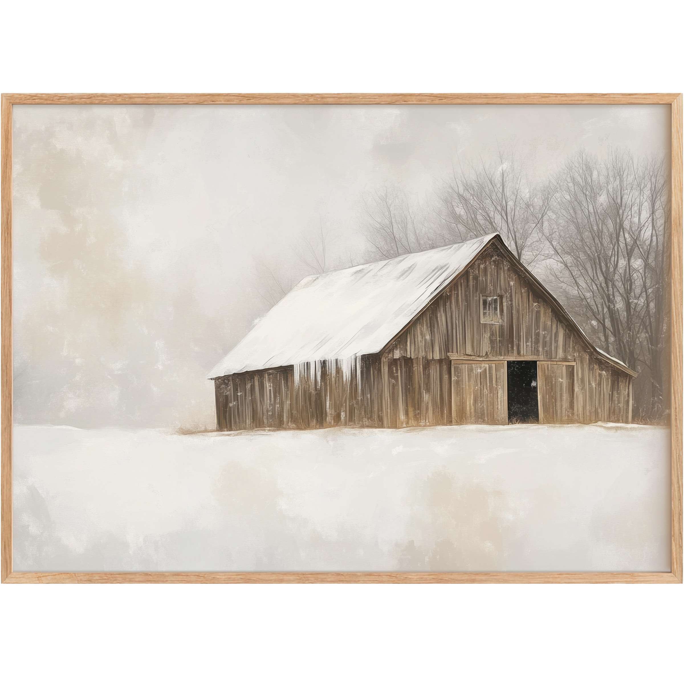 Rustic barn cloaked in soft snow, evoking tranquil warmth with muted browns and creamy whites in winter printable wall art