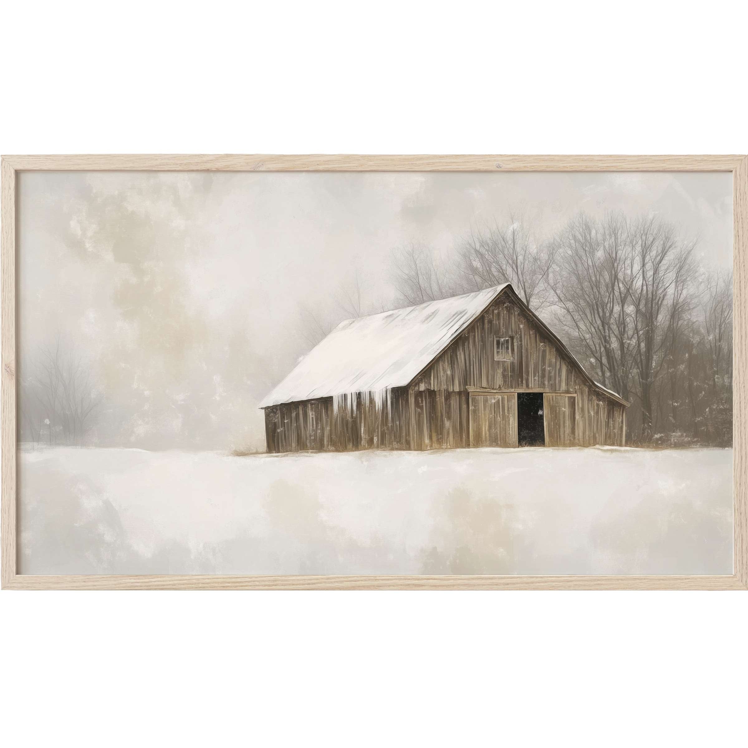 Rustic barn in muted winter tones, soft textures, and misty trees; elegant winter Frame TV Art for modern interiors