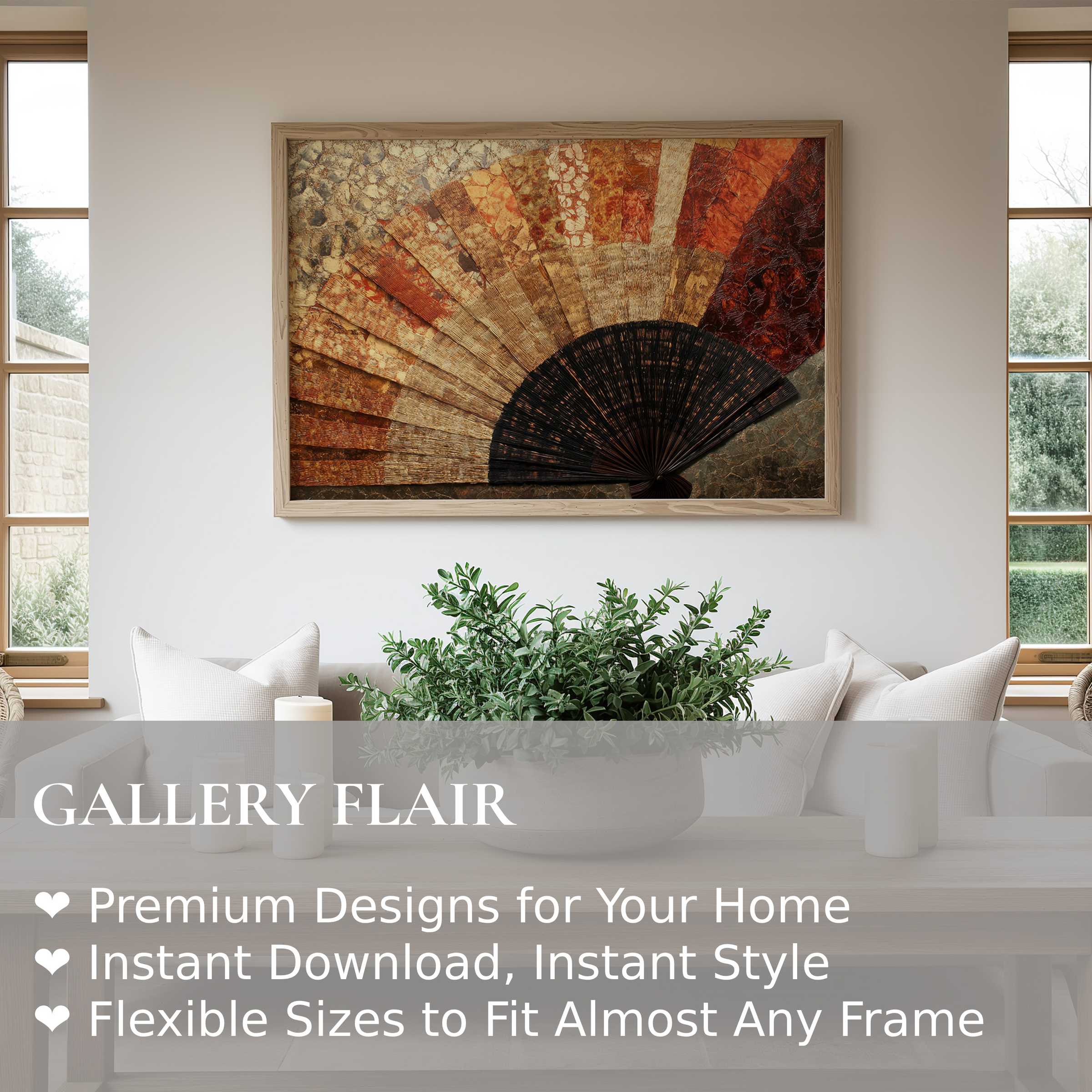 Boho wall art print with warm, textured fan design enhances modern, serene living spaces with earthy, radiant elegance