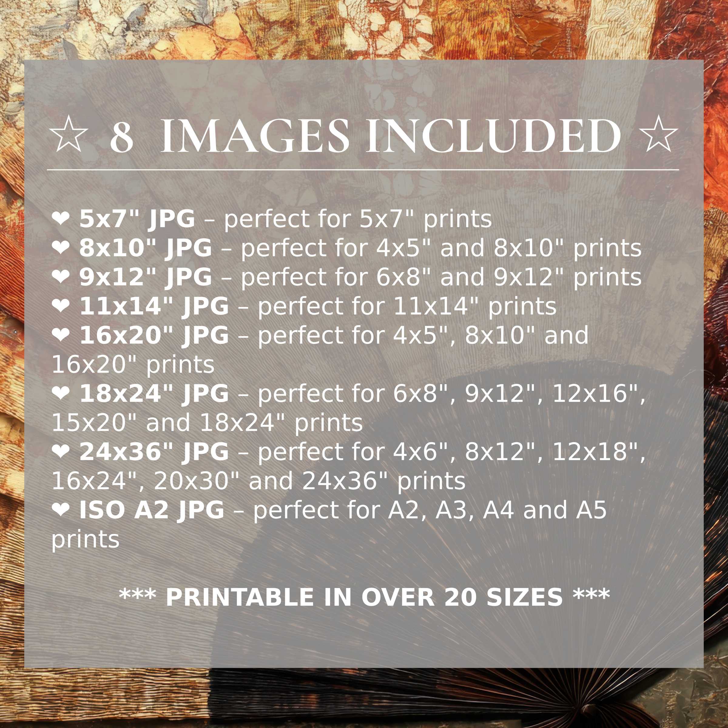 Boho digital print featuring radiant amber and earthy tones, delivering bold warmth and calm sophistication; includes 8 high-quality sizes