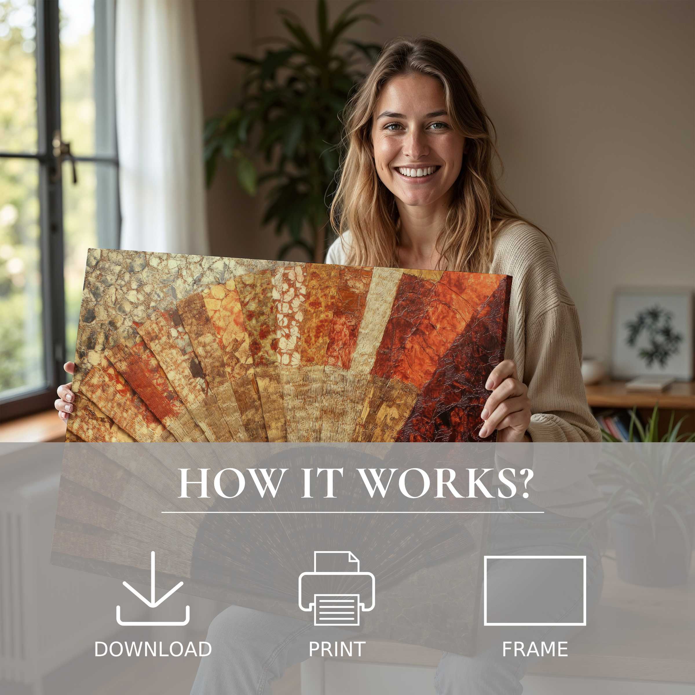 Bright boho digital art print embraced in sunlit modern living room, evoking warmth, joy, and effortless style