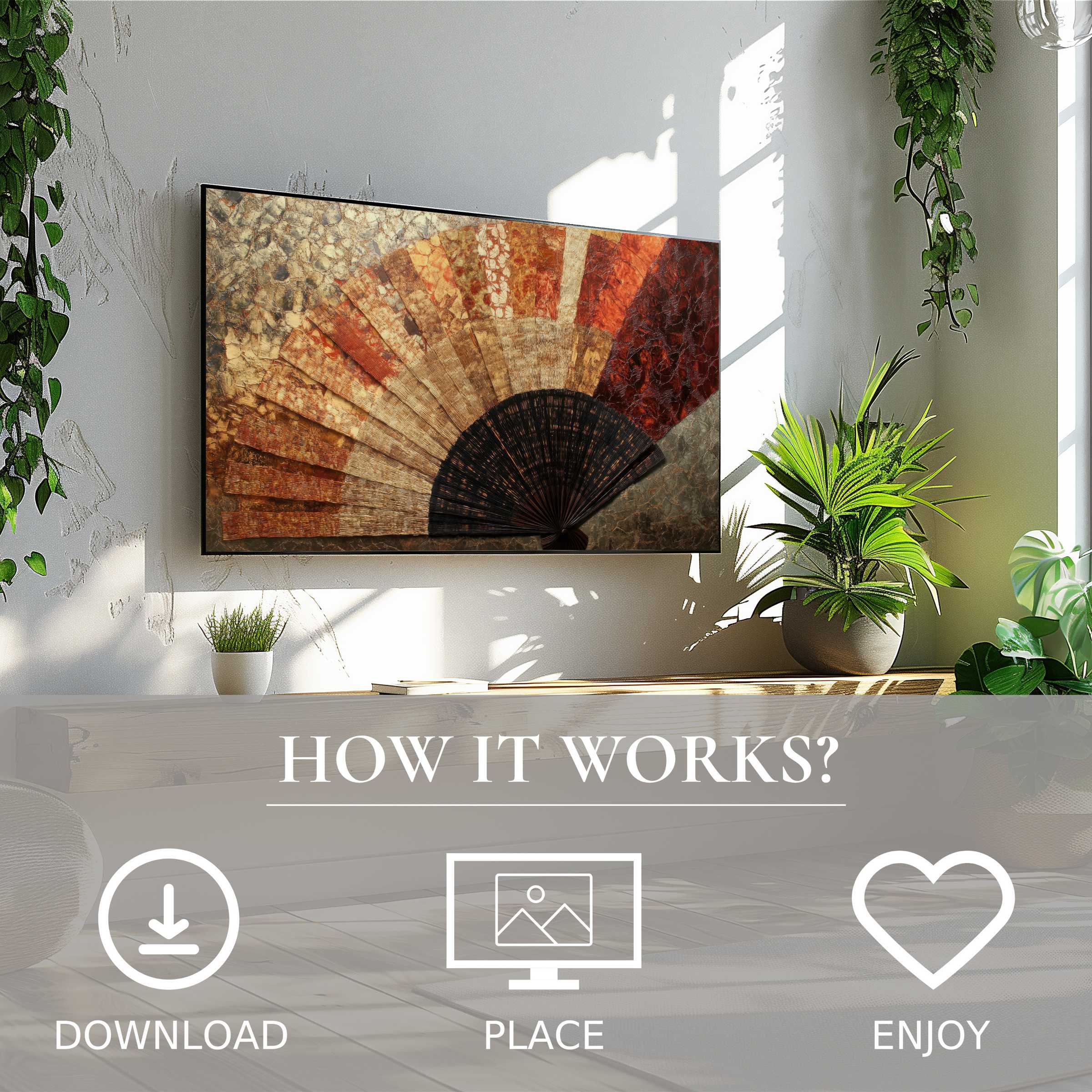 Boho art for Samsung TV with warm, earthy fan motif; easy digital download enriches your modern living space