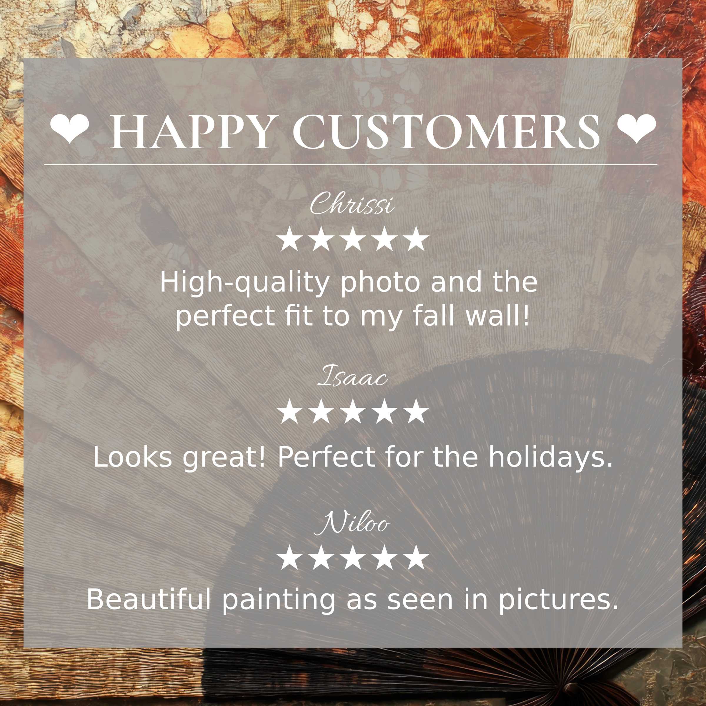 Boho art for Frame TV with abstract sunset hues, highlighting happy customer reviews and elegant, trustworthy design