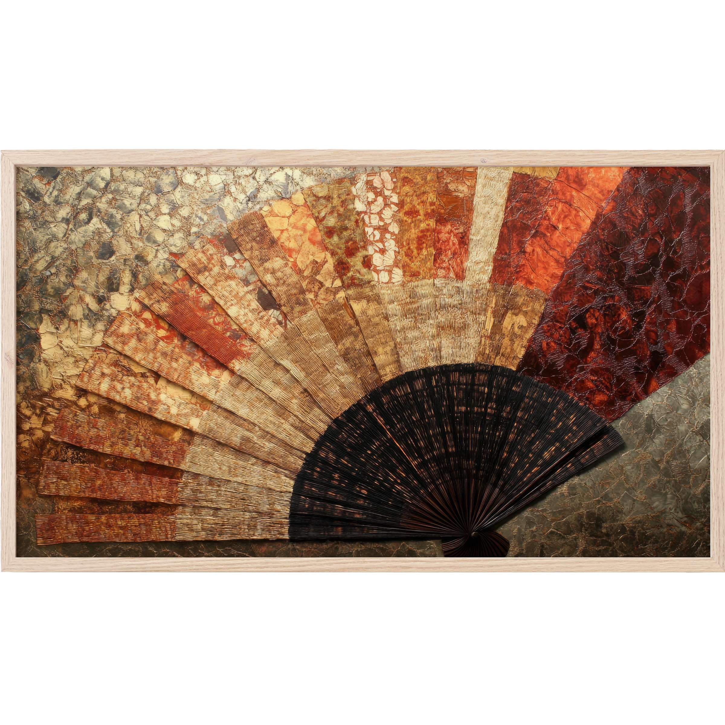 Boho Frame TV Art with textured fan design in warm earth tones, deep reds, and muted golds, blending elegance and warmth