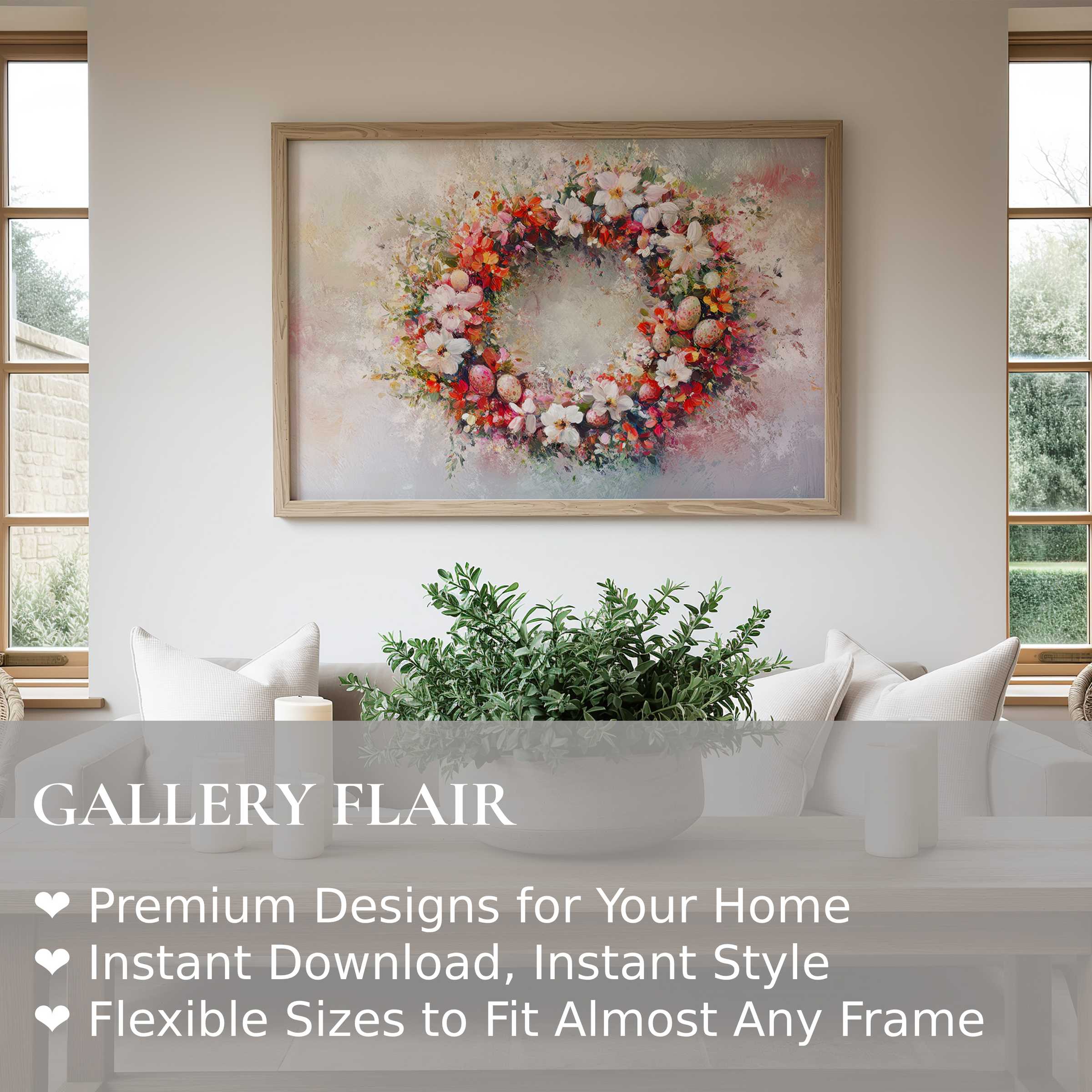 Easter wall art print featuring a radiant floral wreath with soft pastel hues, enhancing modern minimalist interiors with seasonal charm and refined elegance