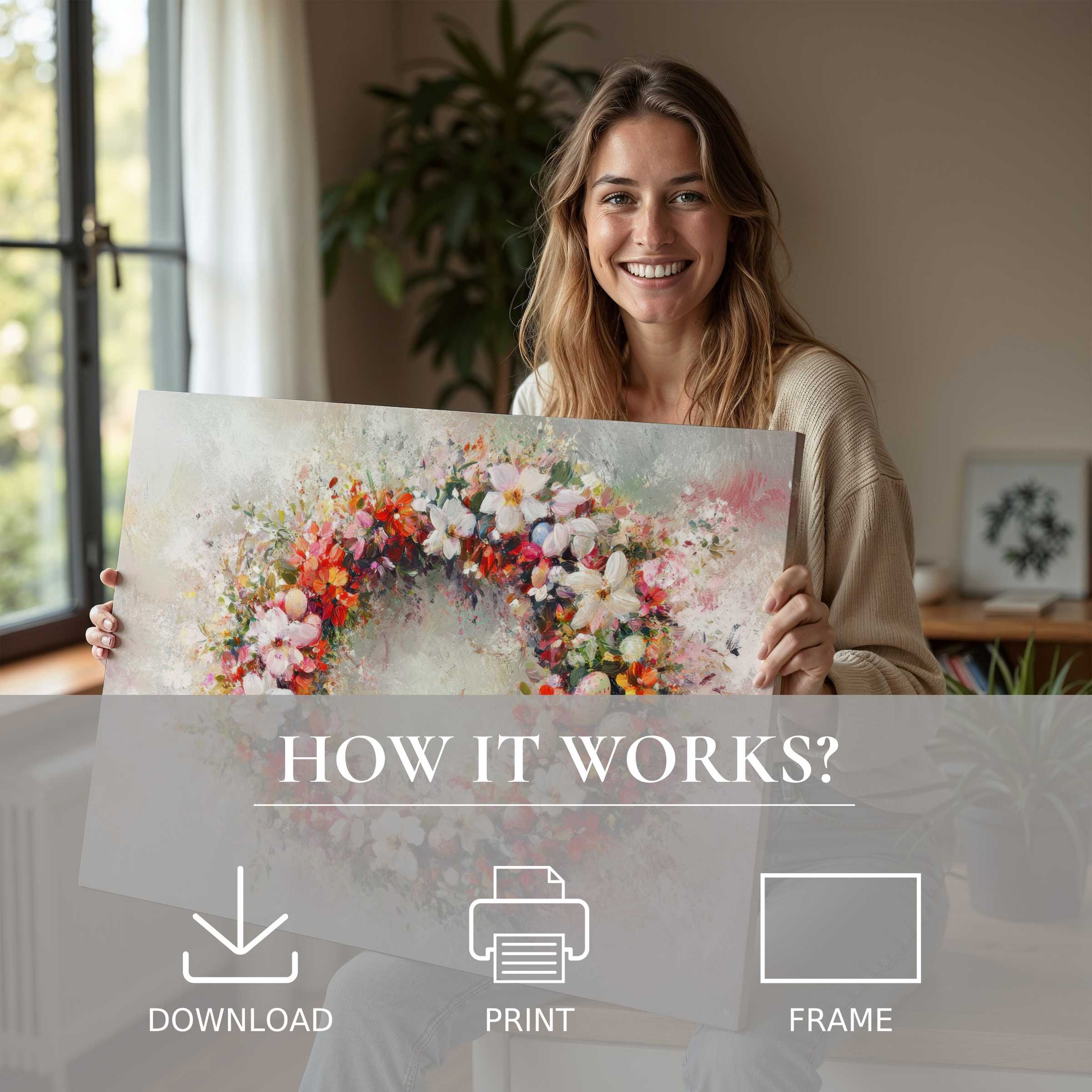 A joyful moment revealing an Easter digital art print's delicate floral wreath, enhancing serene modern interiors with effortless elegance