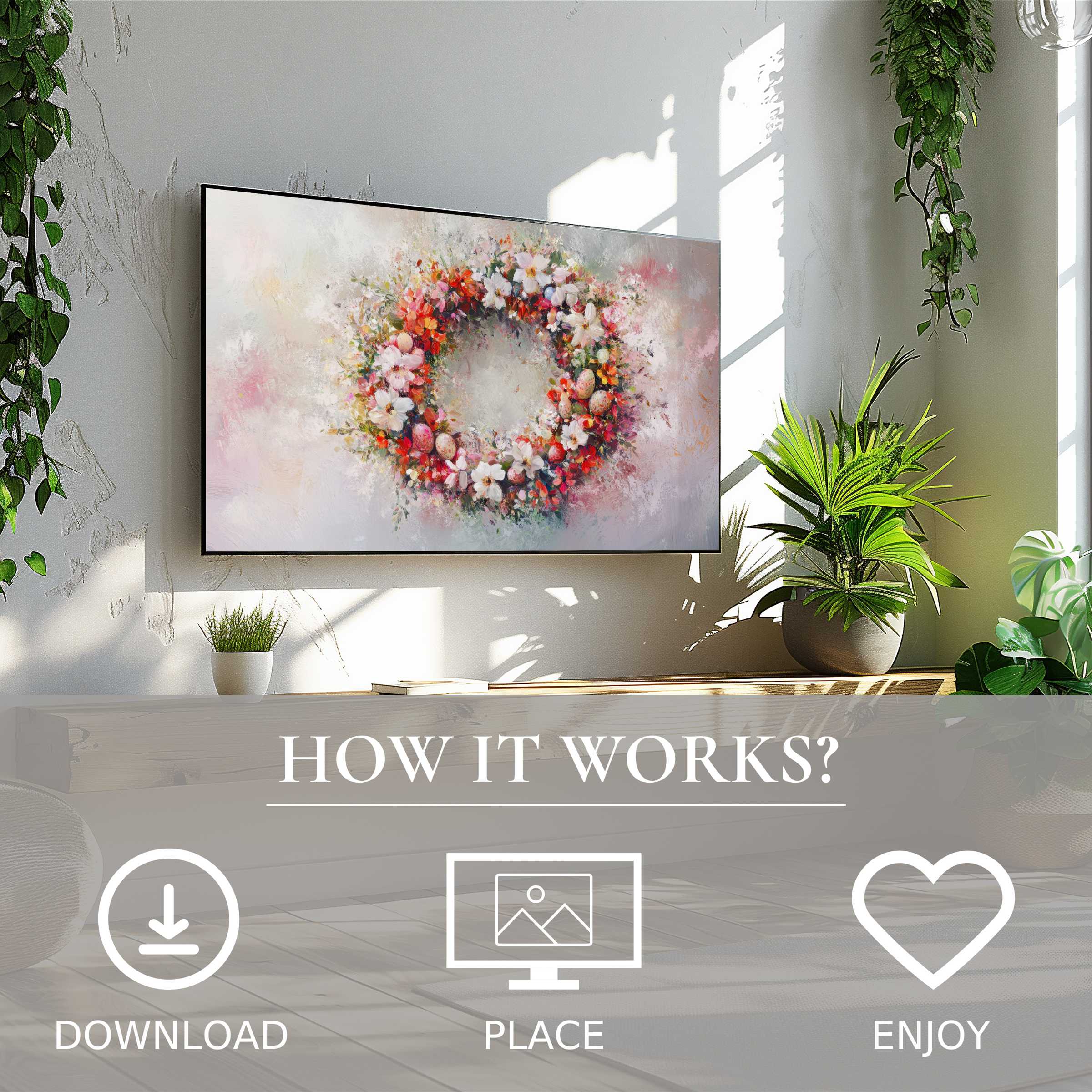 Bright living room with easter art for Samsung TV featuring a floral wreath in soft pastel hues, easy digital download