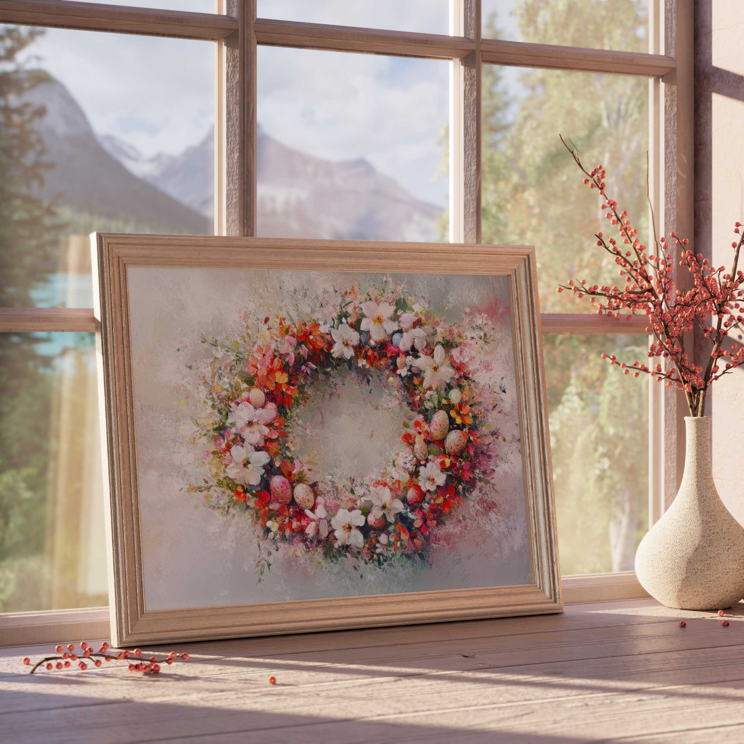Easter downloadable art featuring a vibrant floral wreath with delicate blooms and speckled eggs, perfect for curated, tranquil interiors
