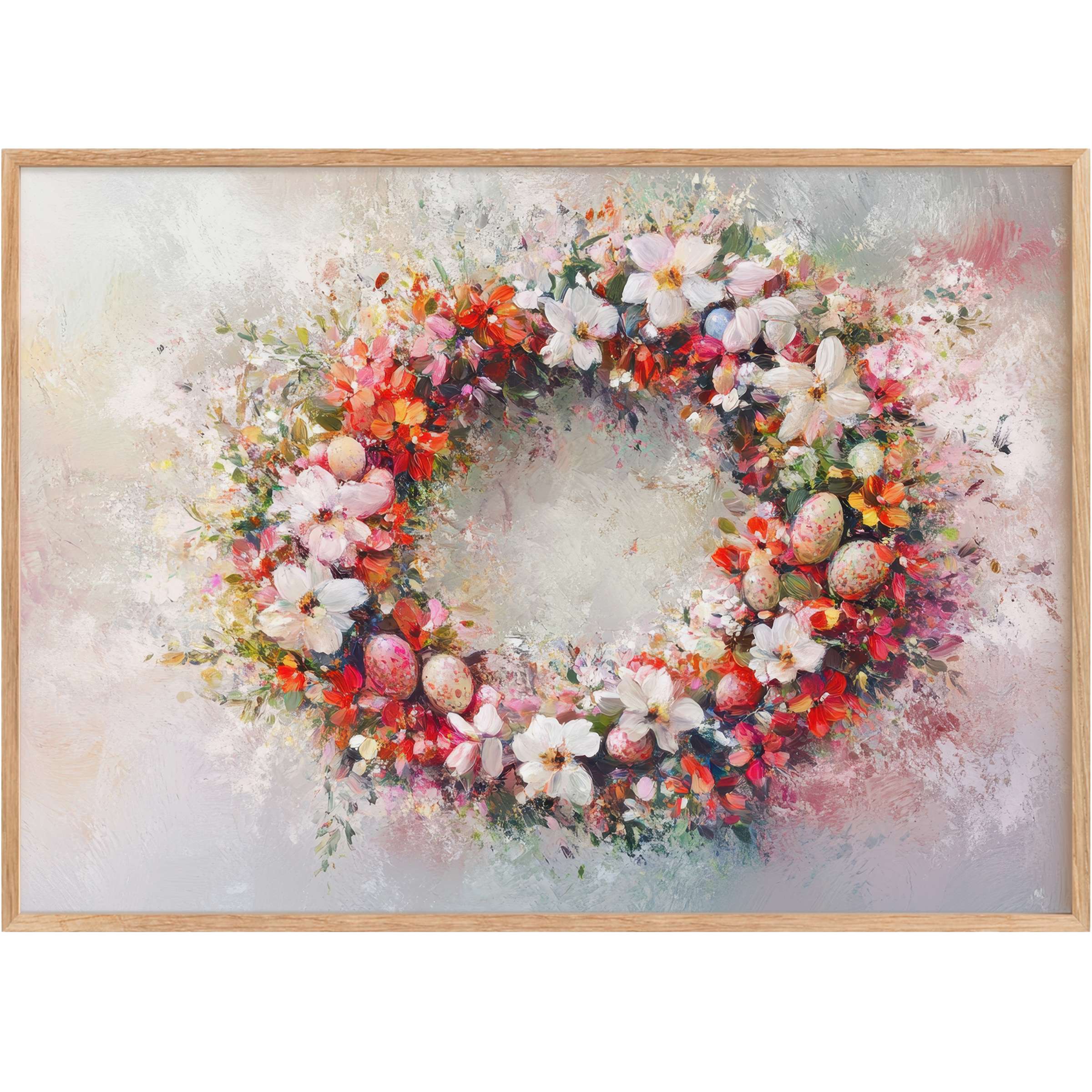 Easter printable wall art featuring a vibrant floral wreath with soft white, coral, and peach hues, creating an uplifting, radiant ambiance