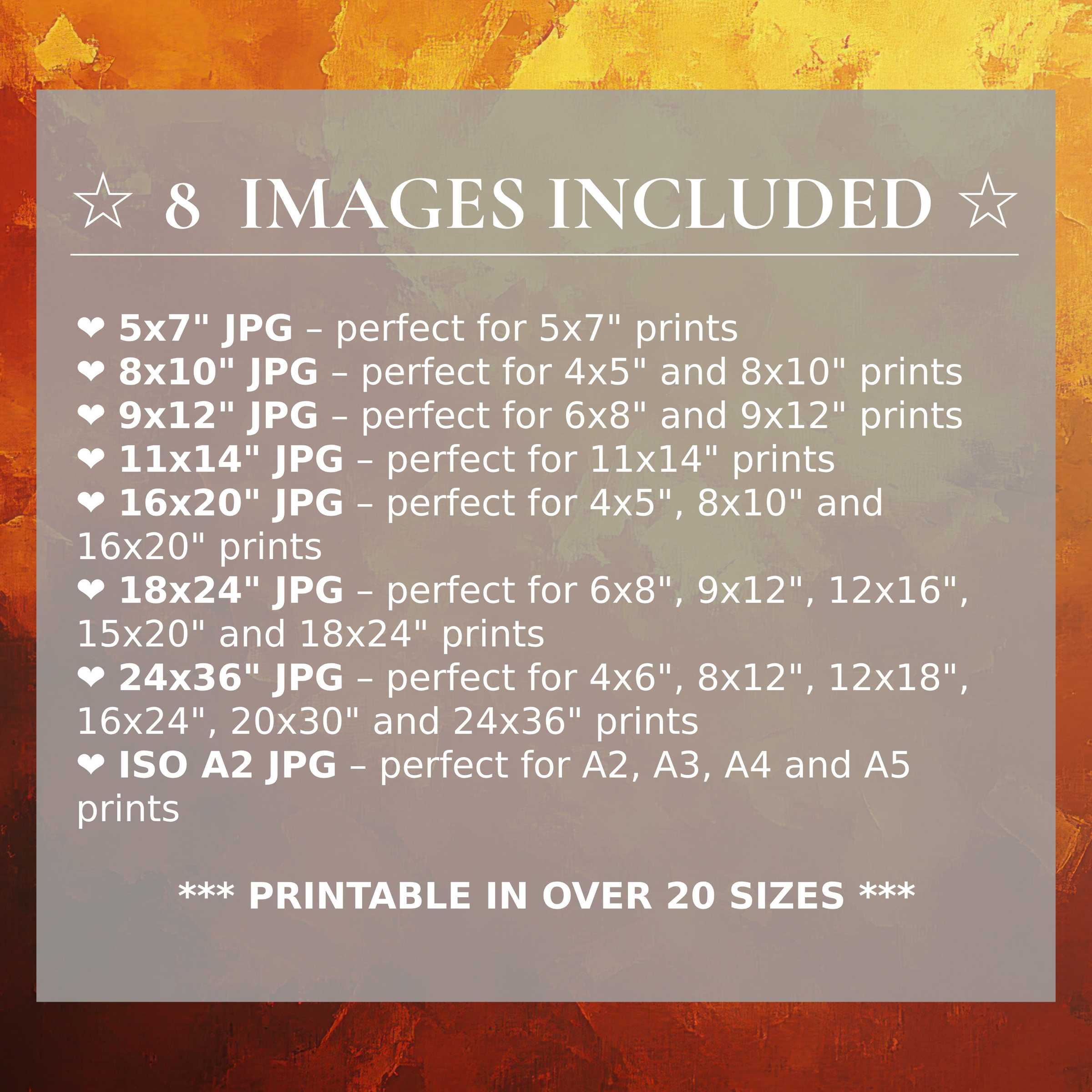 Radiant abstract digital print in warm orange and yellow hues, elevating modern interiors with 8 included high-quality sizes