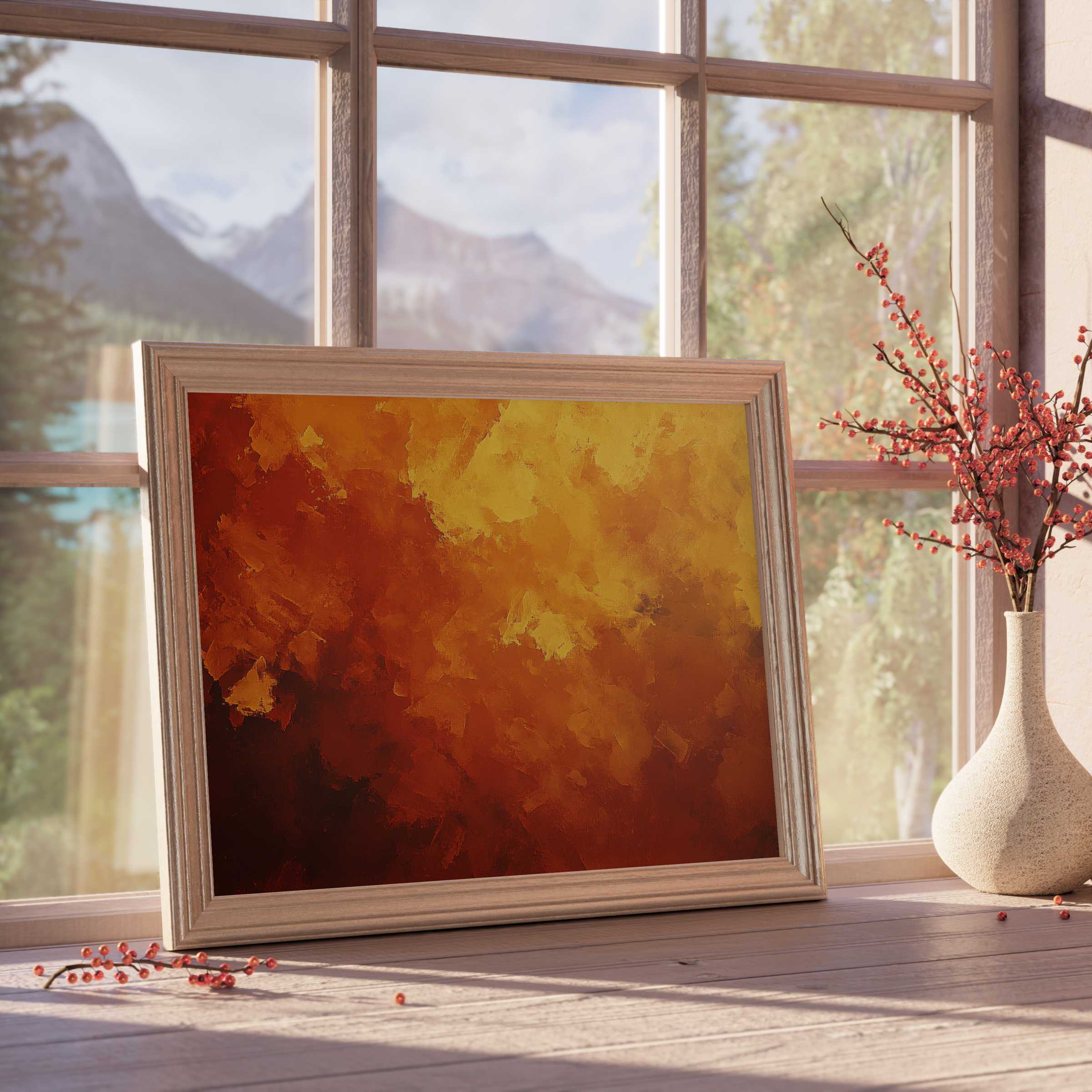 Abstract downloadable art in rich amber and burnt sienna hues, evoking warmth and calm in curated, modern interiors