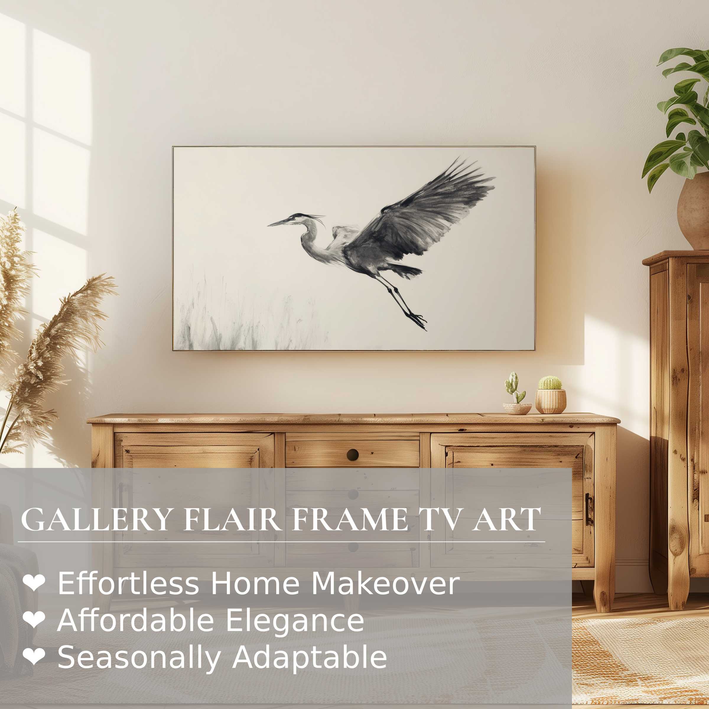 Samsung Frame TV displaying refined black and white digital artwork of a soaring heron in a serene, elegant living space