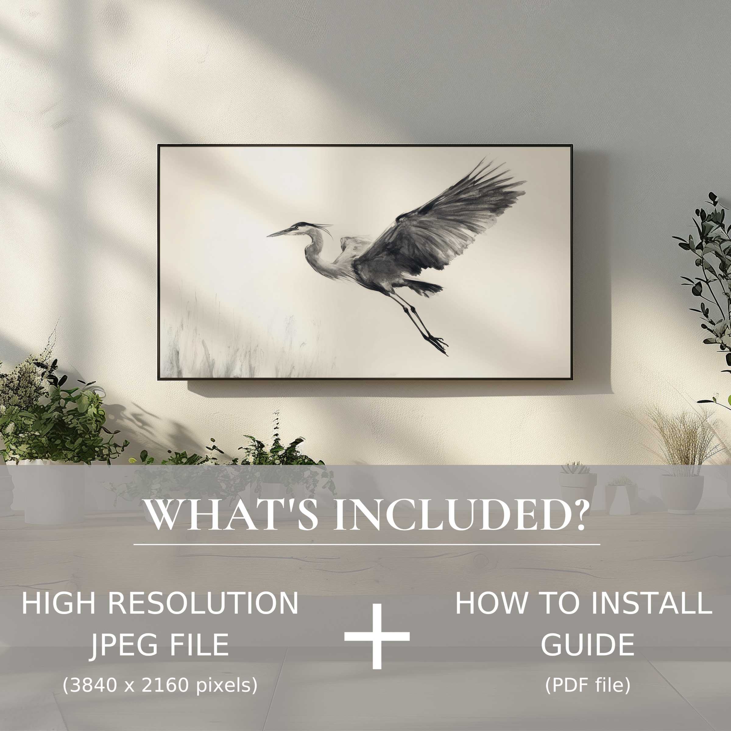 Elegant black and white digital TV art download of a heron enhances modern decor, easy to use and transform your space