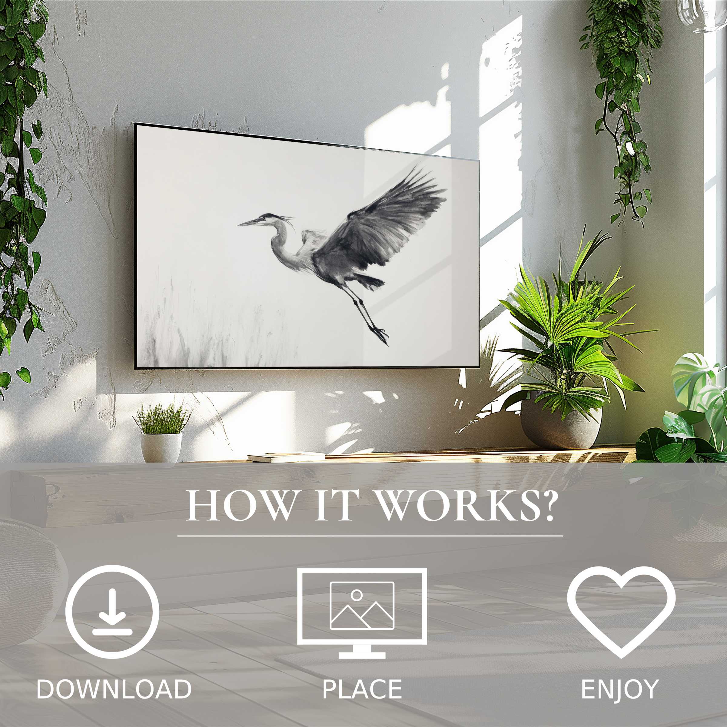 Black and white art for Samsung TV with elegant heron motif, easy digital download enriches modern living spaces