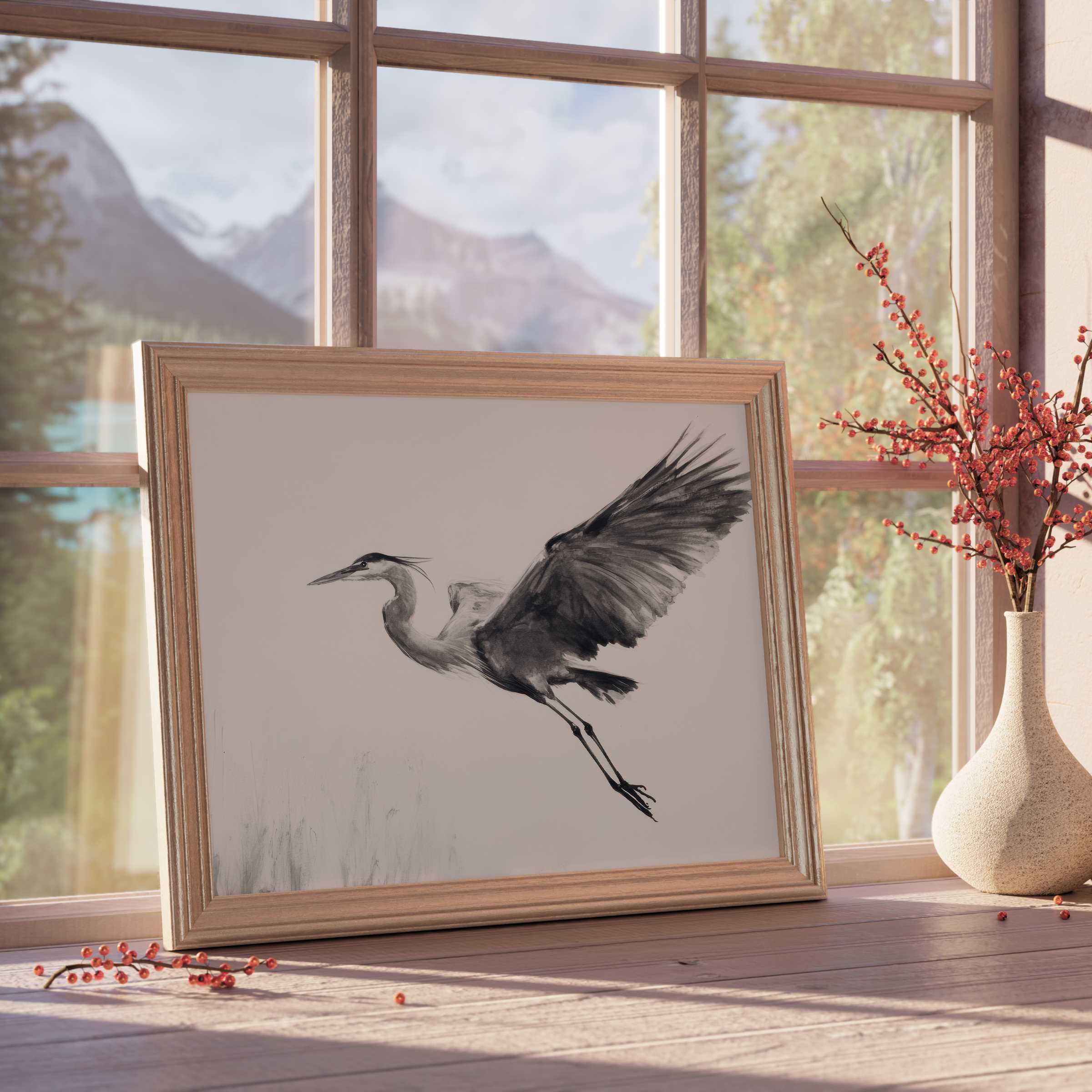 Elegant black and white downloadable art of a heron in flight, perfect for serene, design-forward interiors with natural accents