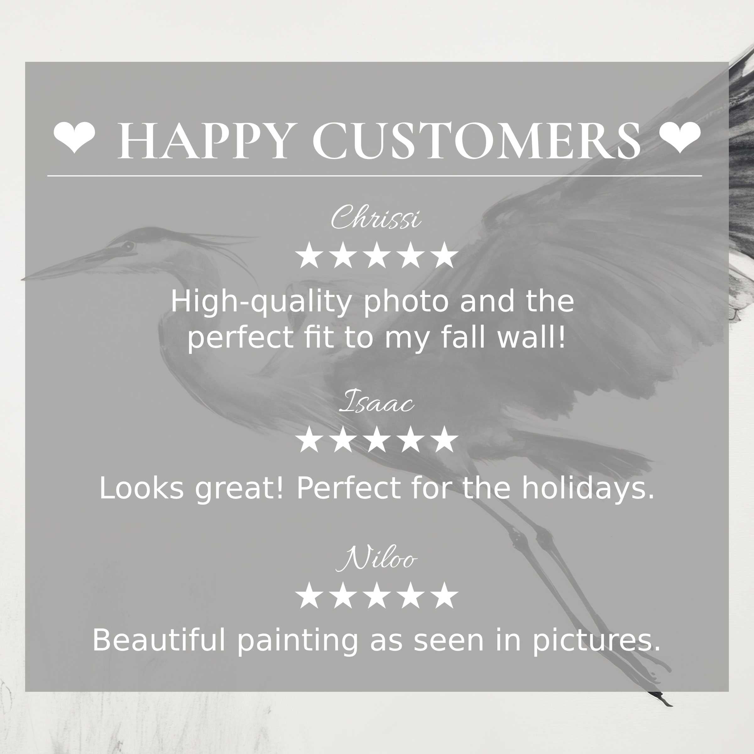 Black and white art for Frame TV with elegant heron design, showcasing happy customer reviews that build trust