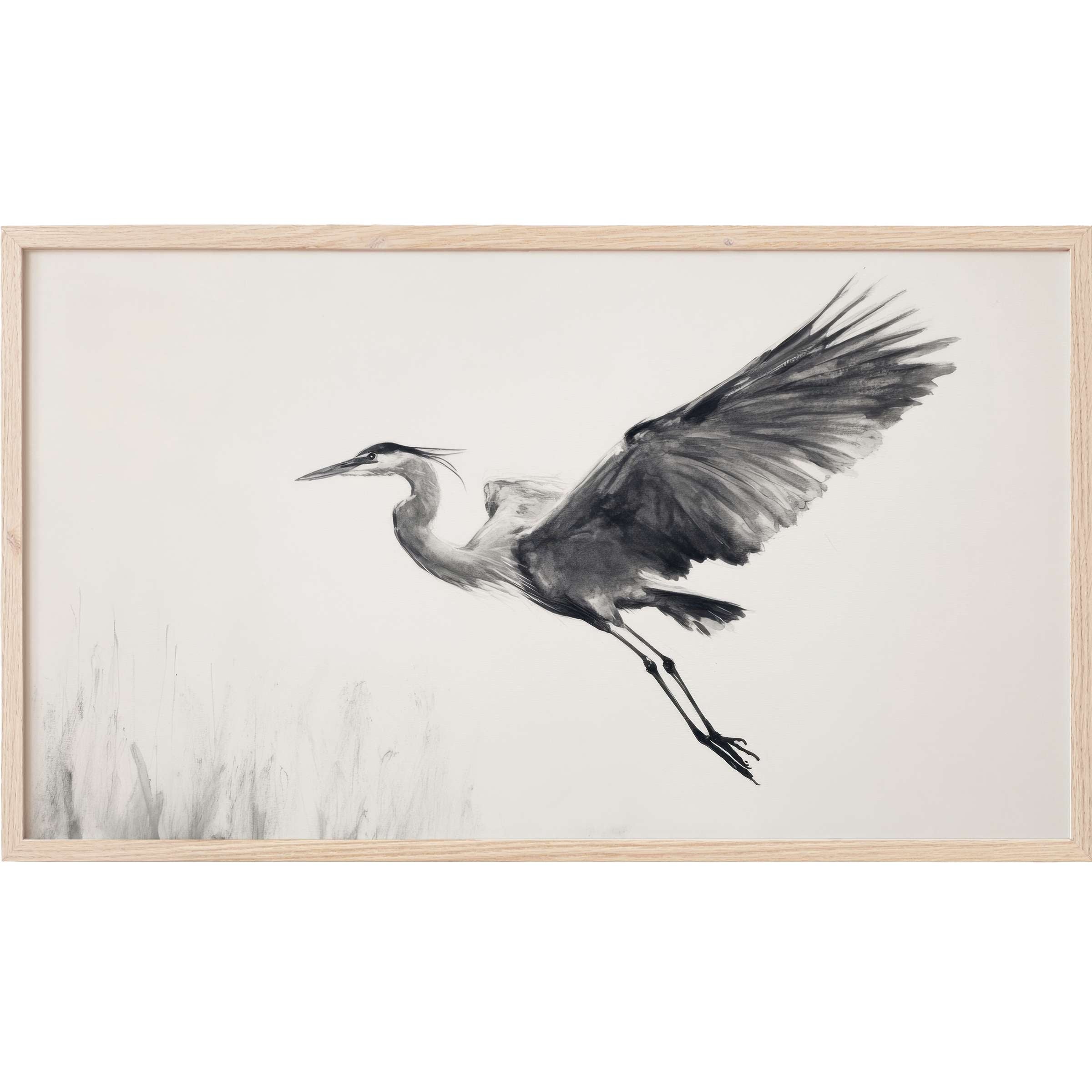 Elegant black and white Frame TV Art depicting a graceful heron in mid-flight with soft, fluid brushstrokes