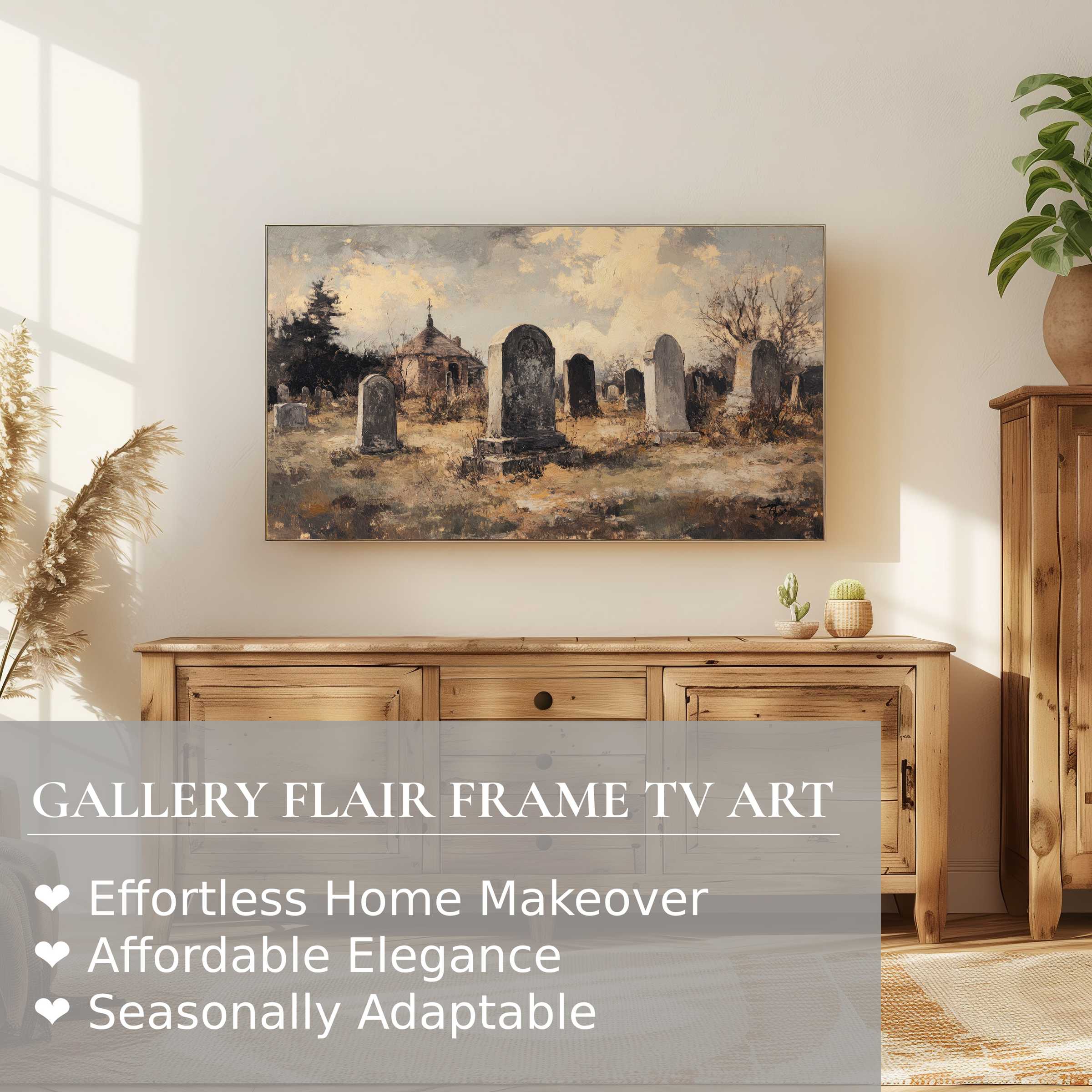 Samsung Frame TV displaying elegant, moody halloween digital artwork in a cozy, modern rustic living room setting