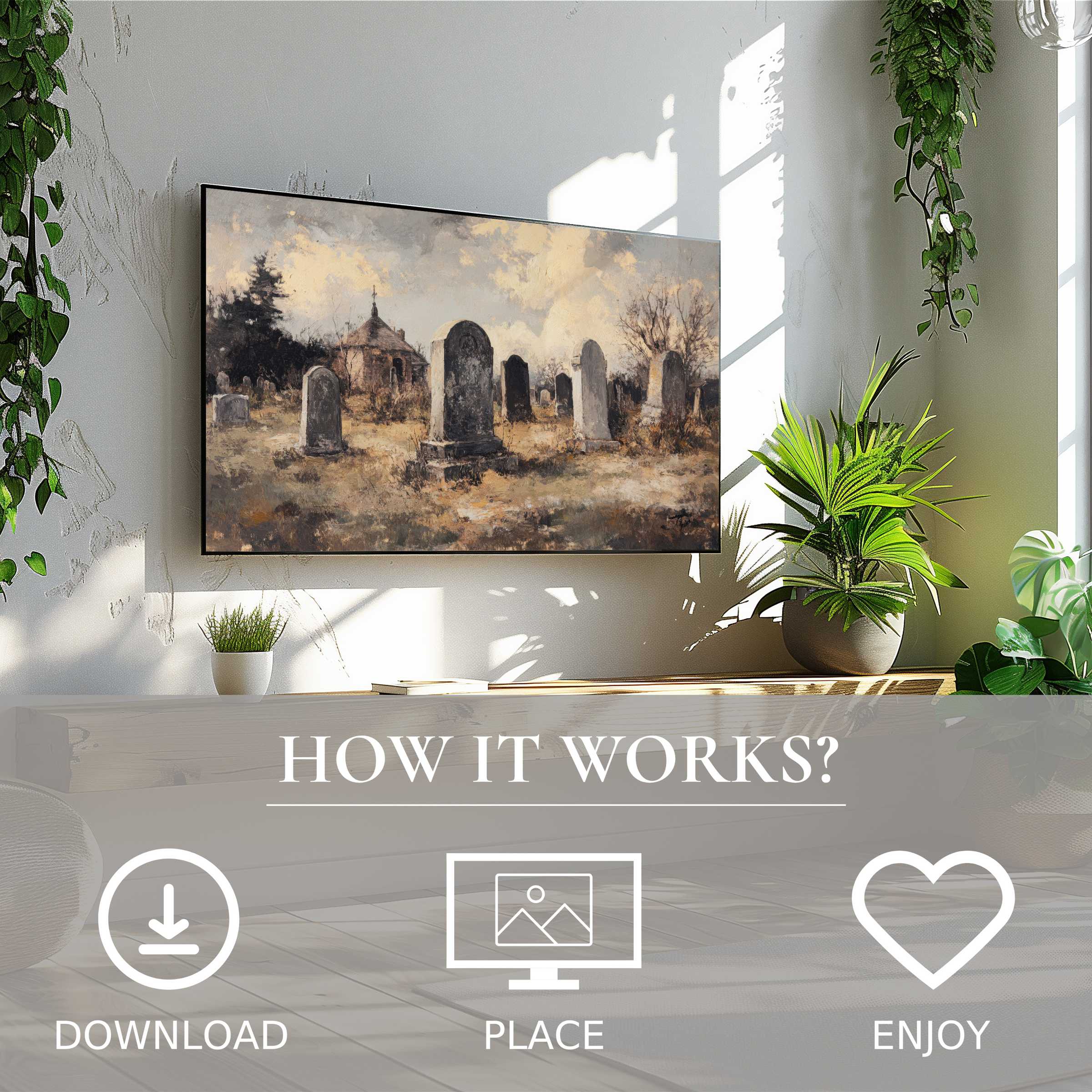 Modern living room with easy digital download; halloween art for Samsung TV shows moody graveyard scene enriching space