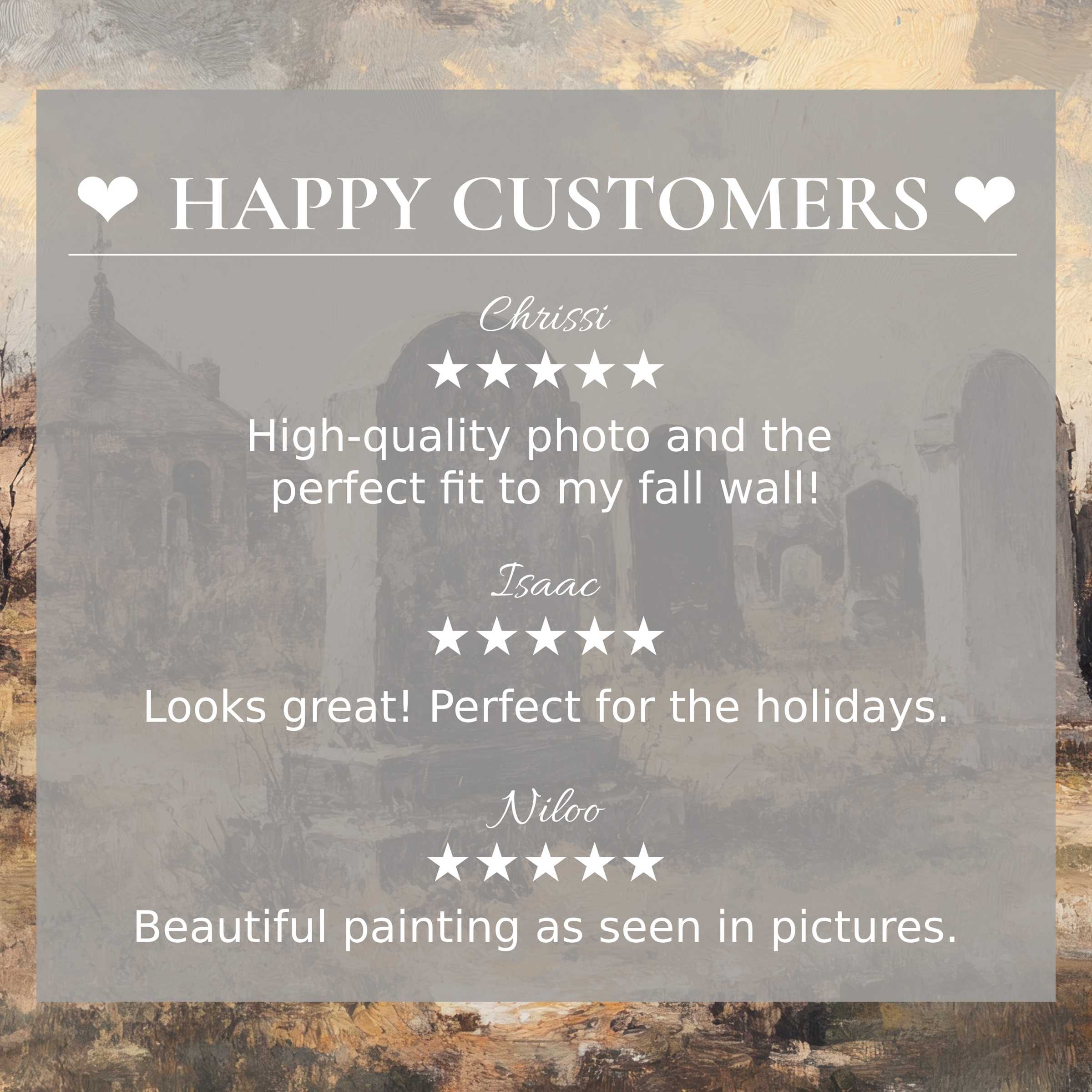 Happy customer reviews enhance trust in elegant halloween art for Frame TV with moody, textured cemetery backdrop