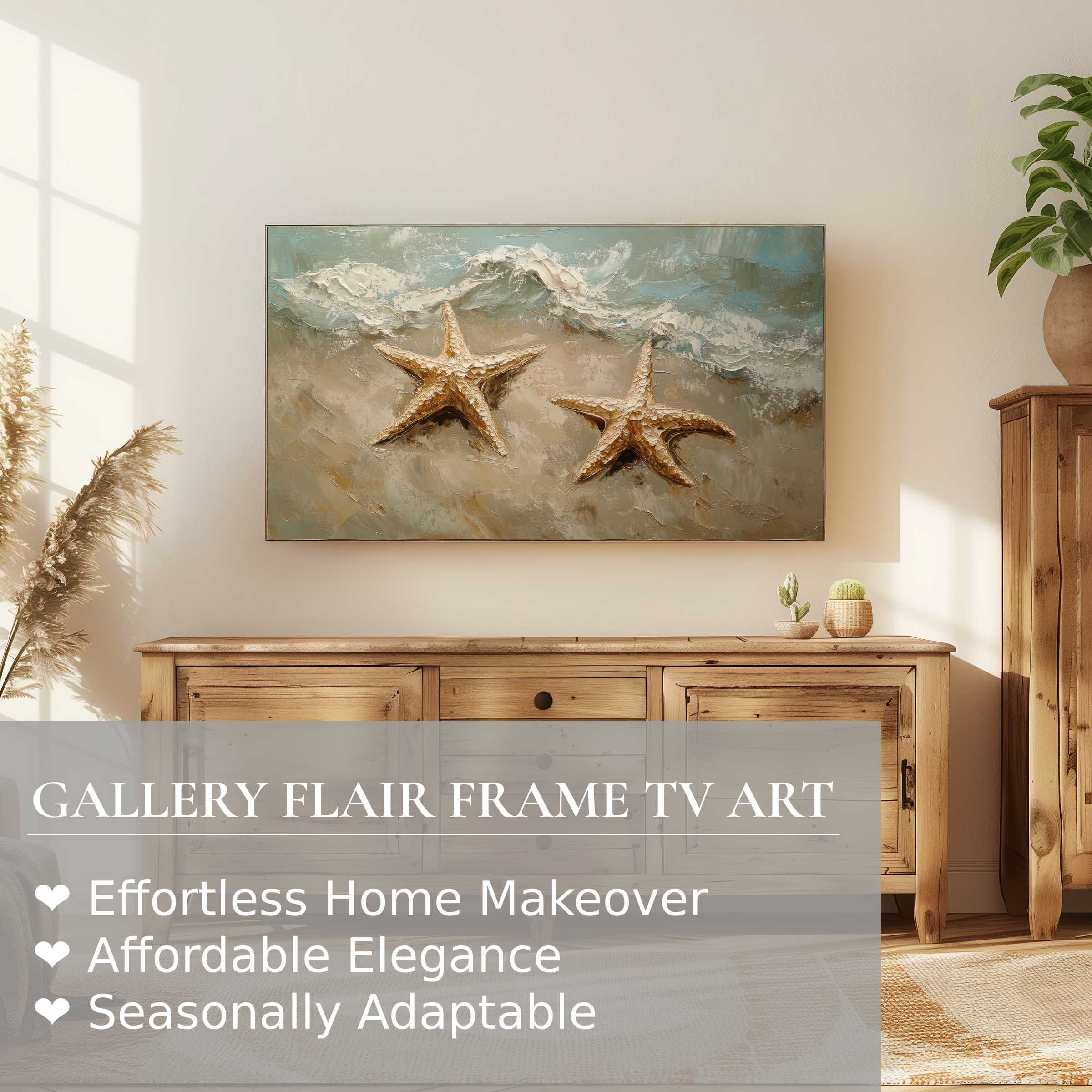 Samsung Frame TV displaying textured beach digital artwork with starfish, enhancing refined modern coastal decor