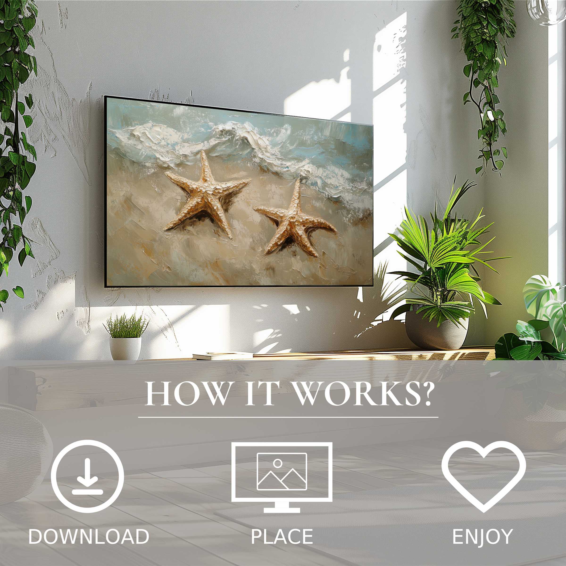 Modern living room with beach art for Samsung TV showing textured starfish and wave tones; easy digital download decor