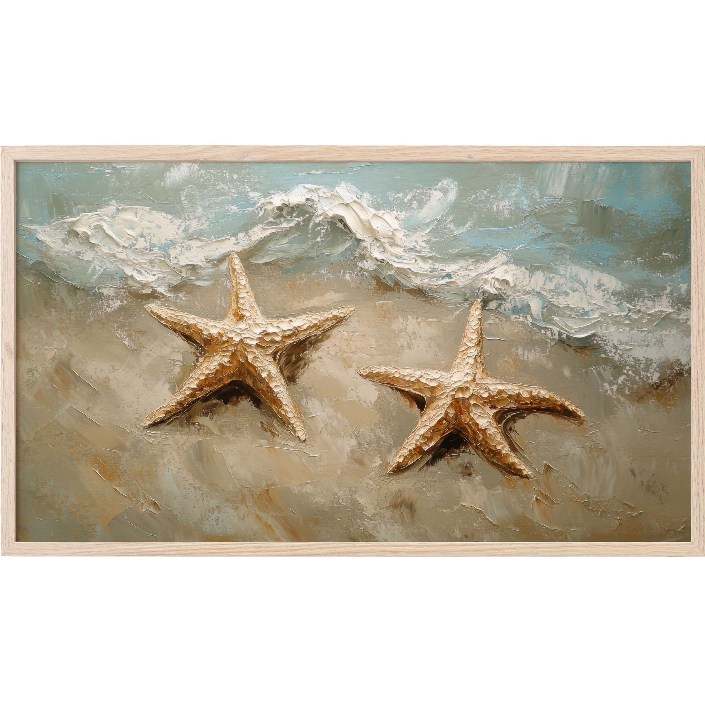 Textured beach Frame TV Art featuring golden starfish on sandy beige shore with soft teal and white waves